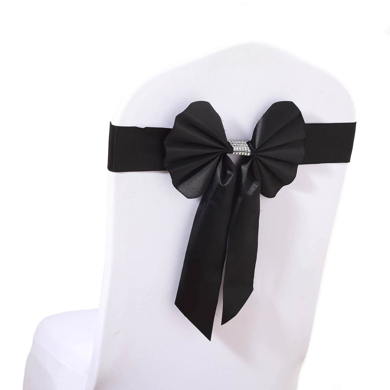 5-Pack Black Satin Faux Leather Chair Sashes with Diamond Rhinestone Buckles - Luxurious Party Decor