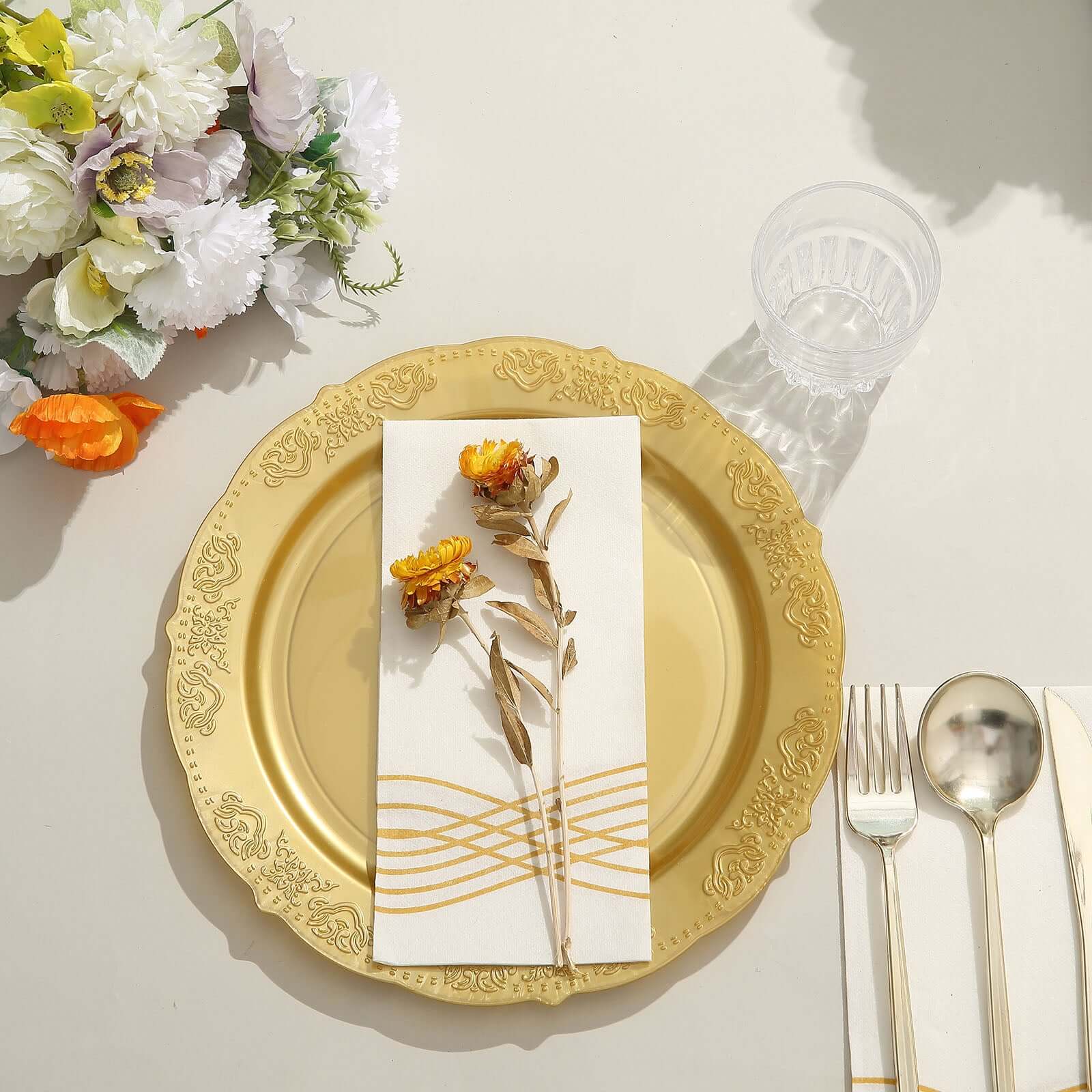 Hot Deal! 10-Pack of Disposable Round Plastic Dinner Plates with Gold Embossed Scalloped Edge for Special Events