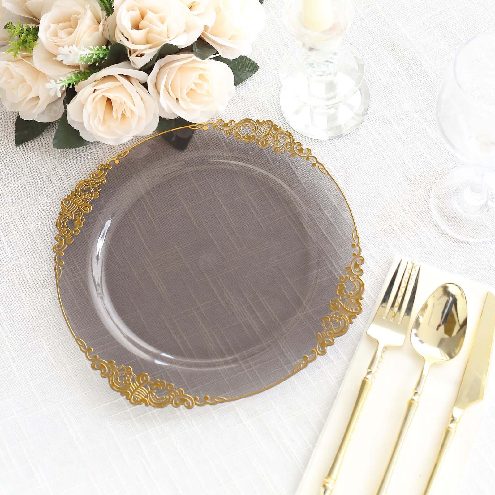 10-Pack Disposable Vintage Baroque Plastic Round Dinner Plates - Transparent Black with Gold Leaf Embossed Rim