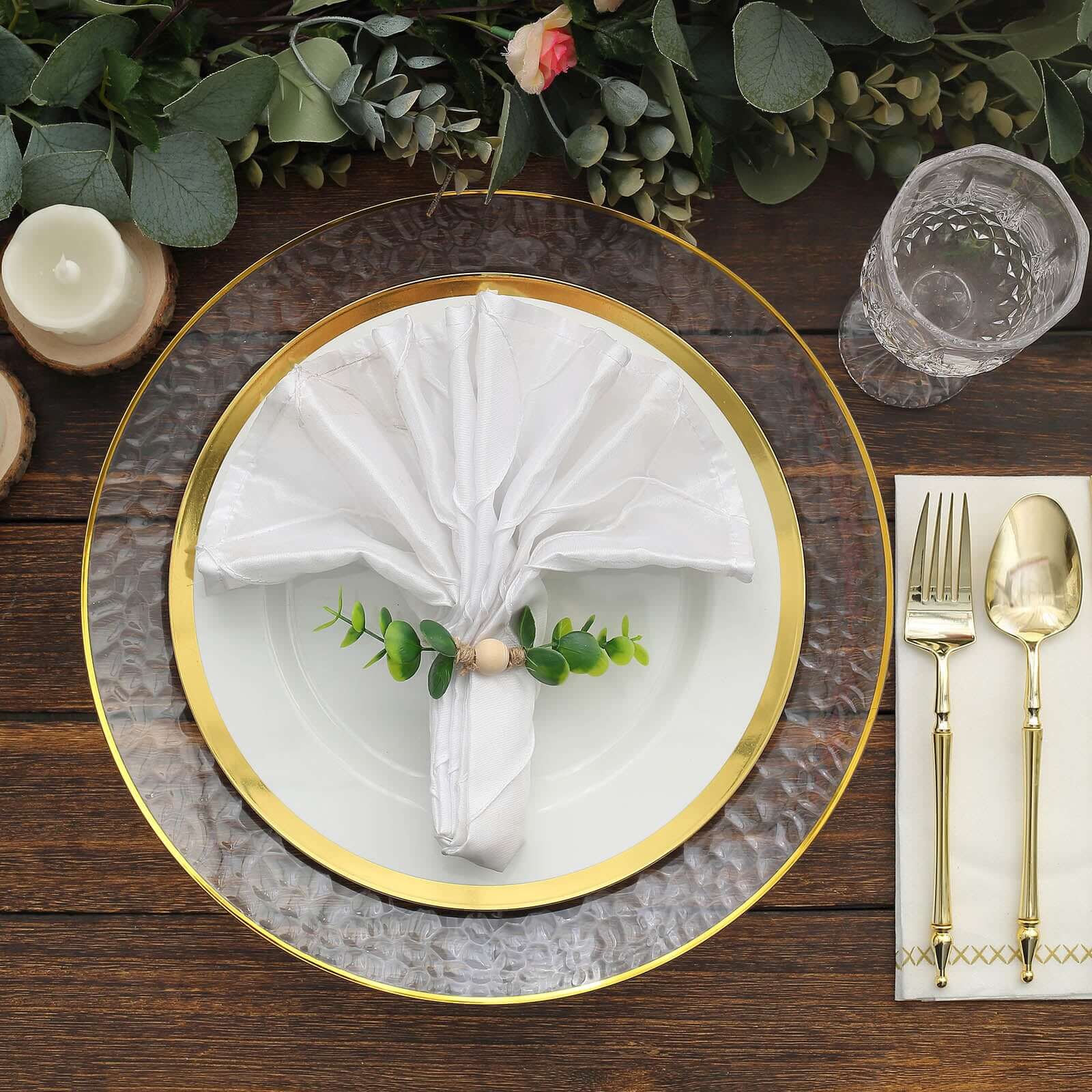 8-Piece Handmade Rustic Green Eucalyptus Leaf & Wooden Bead Jute Napkin Holders