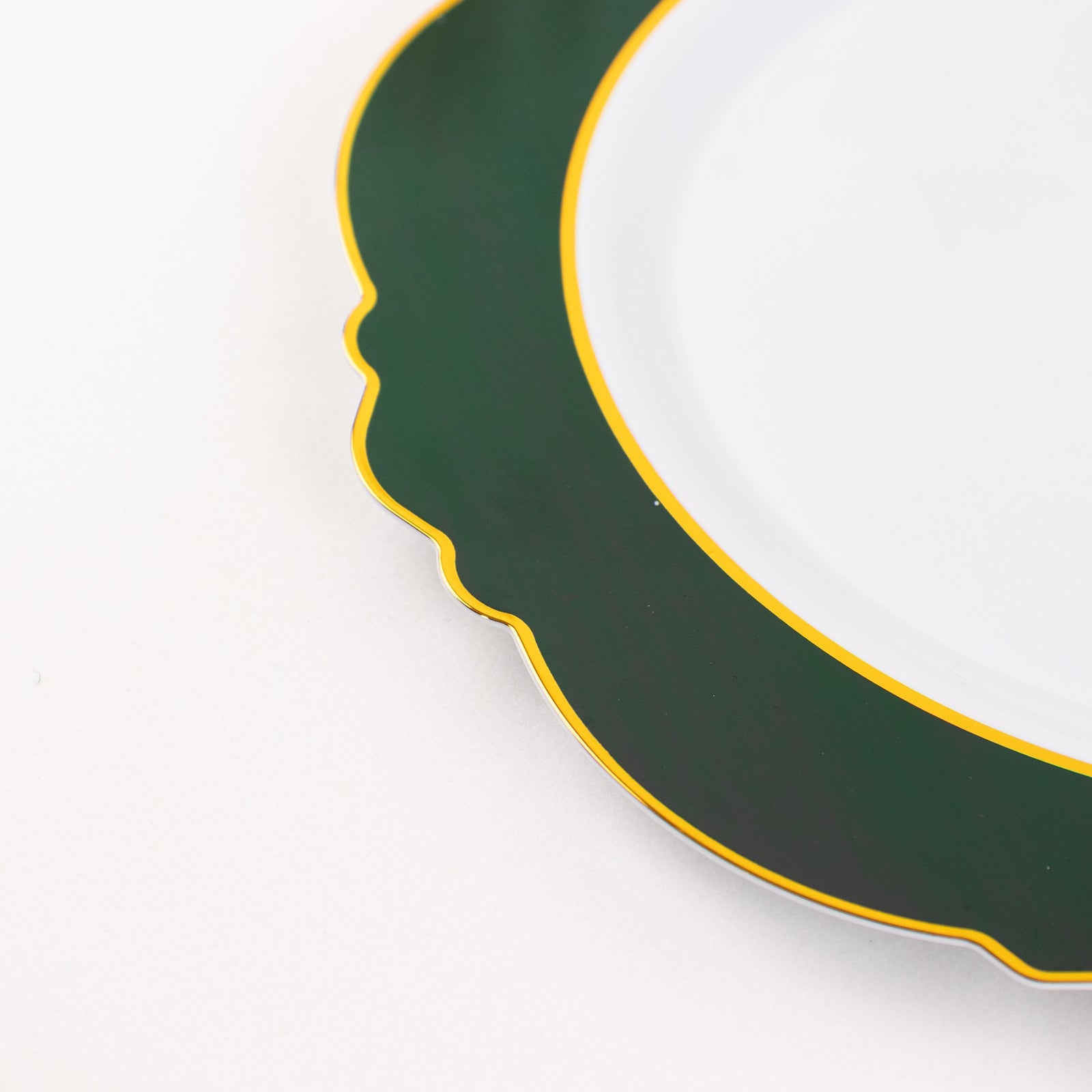10-Pack Disposable White Plastic Dessert Plates with Hunter Green Blossom & Gold Edging - Ideal for Events