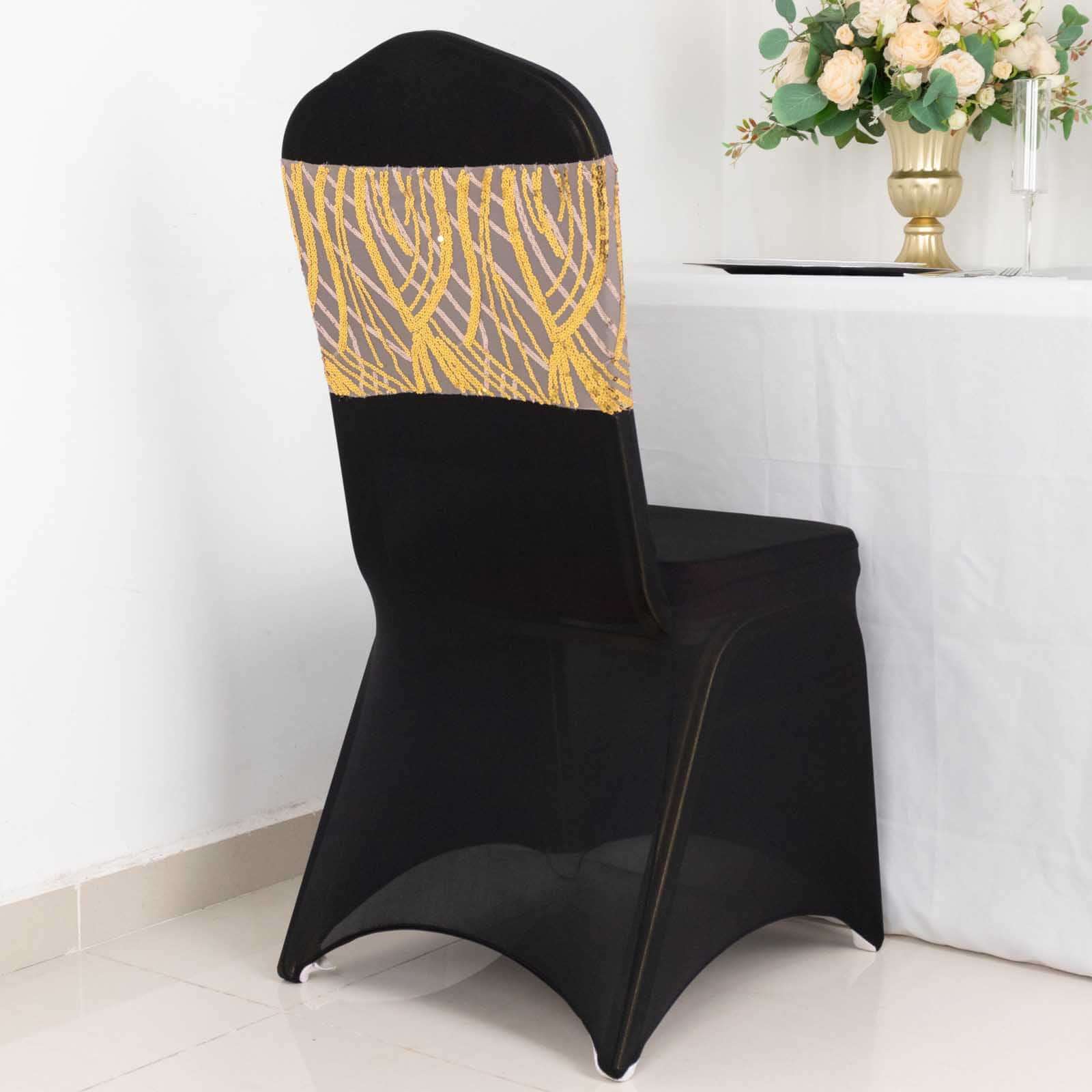 5-Pack Rose Gold/Gold Chair Sash Bands with Wave Embroidered Sequins - Sparkly Deal