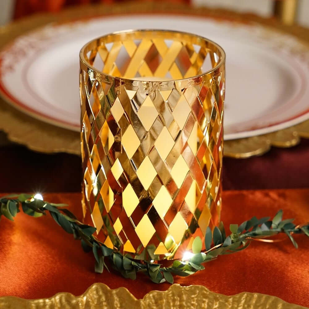 2-Piece Gold Metal Votive Candle Holders with Diamond Cut Geometric Design for Home and Events