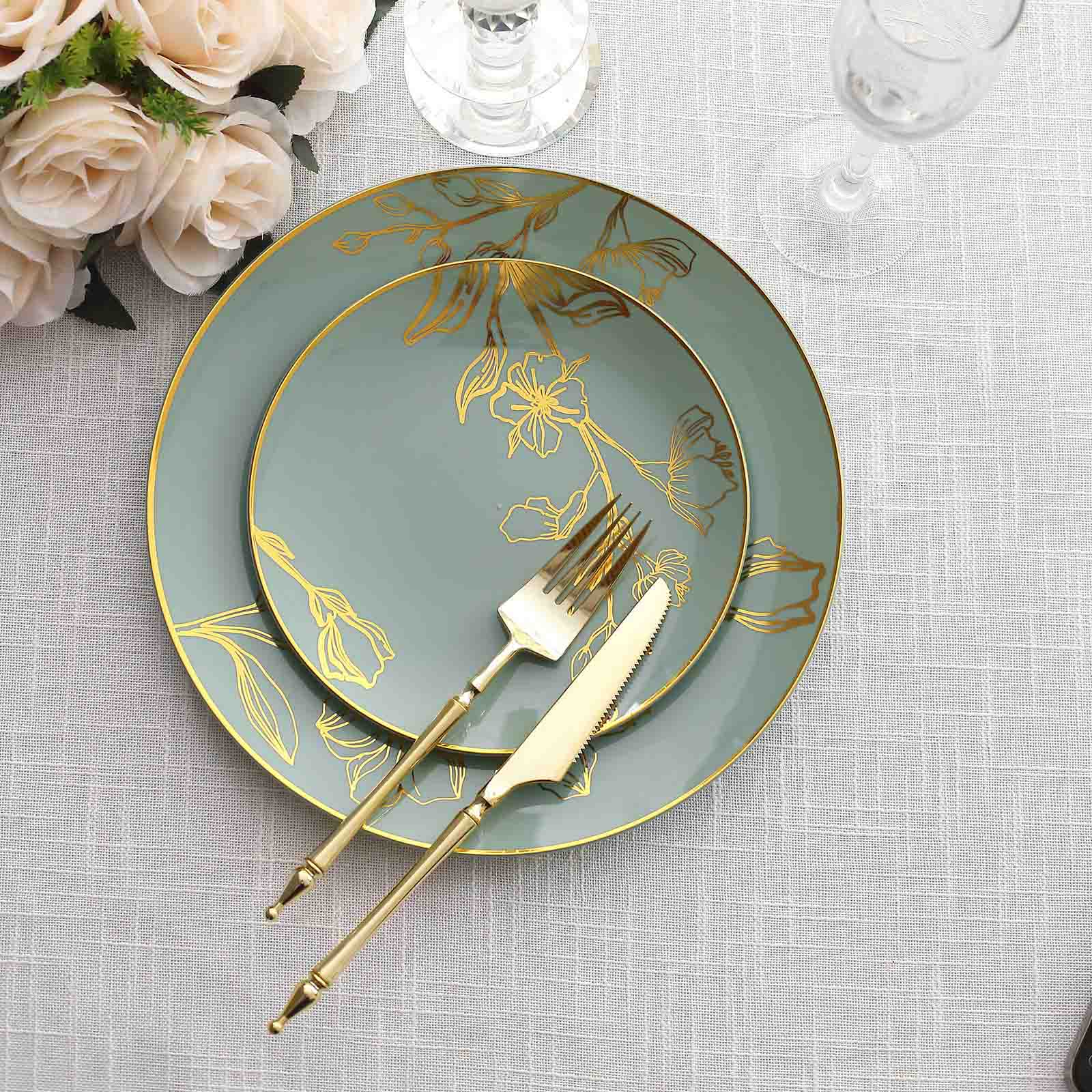 20-Piece Set of Disposable Plastic Dinner and Dessert Plates in Dusty Sage Green with Gold Floral Design