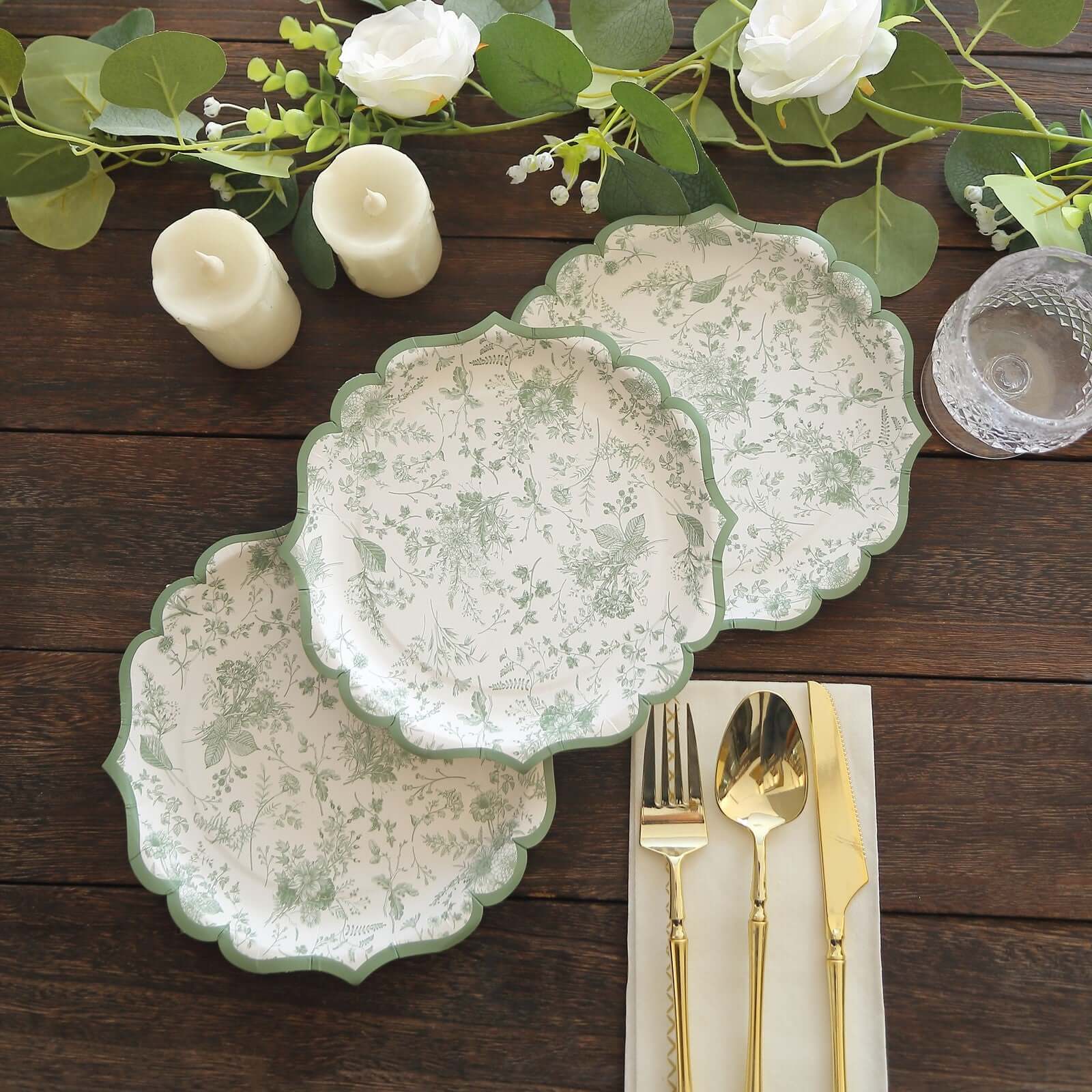 25-Piece Disposable White & Sage Green French Toile 8-Inch Round Dessert Plates for Stylish Tables