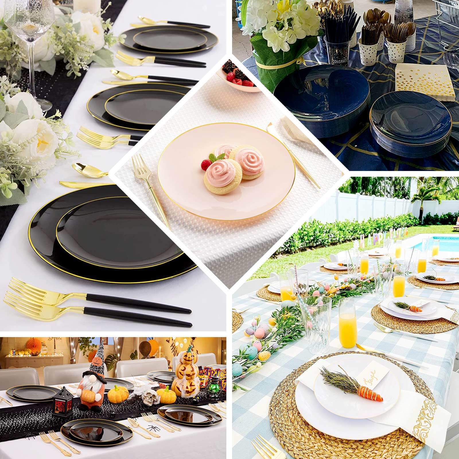 10-Piece Set of White Plastic Round Dinner Plates with Gold Rim - Disposable for Banquets and Special Events