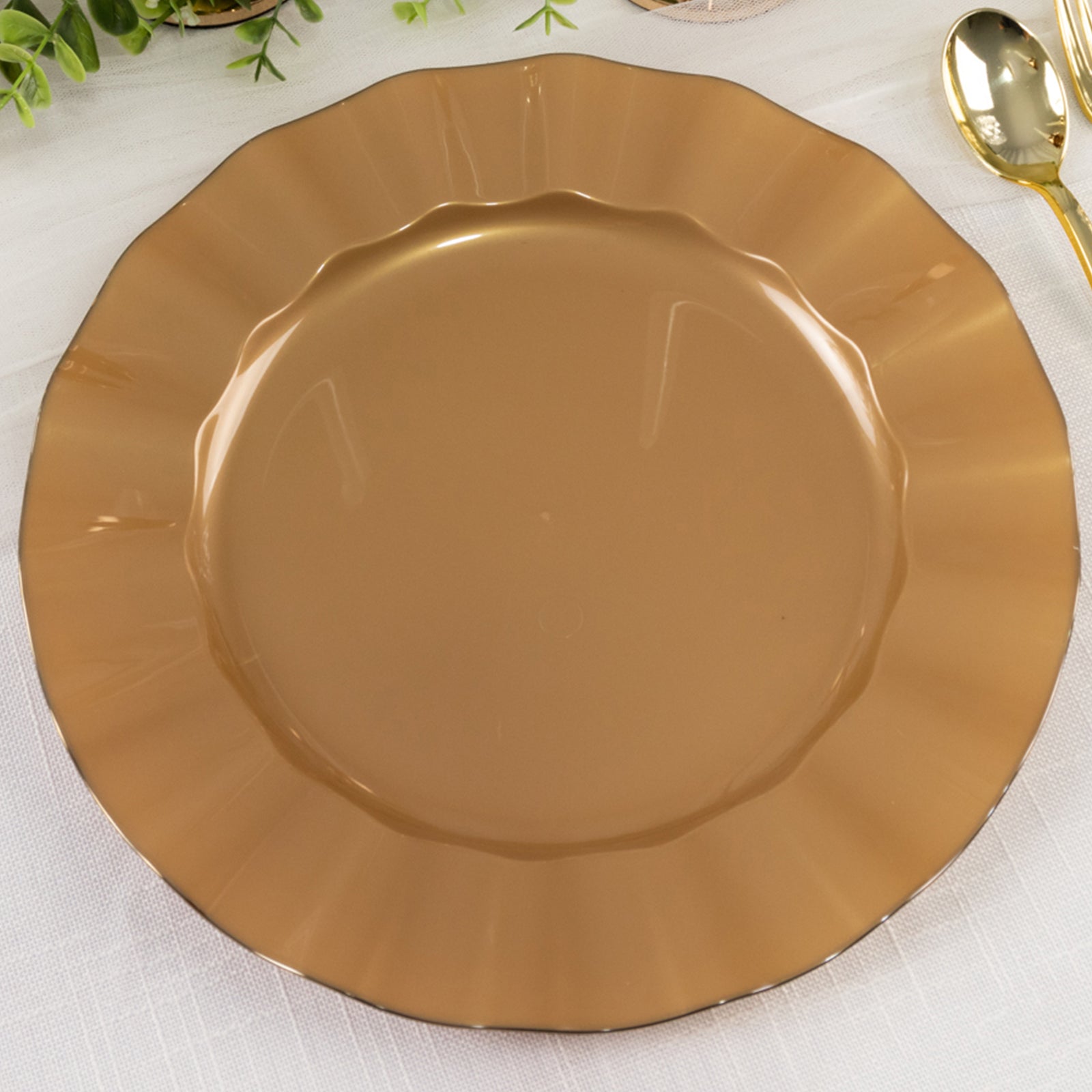 Get This 10-Pack of Sturdy Gold Plastic Round Dinner Plates with Ruffled Rim for Classy Events