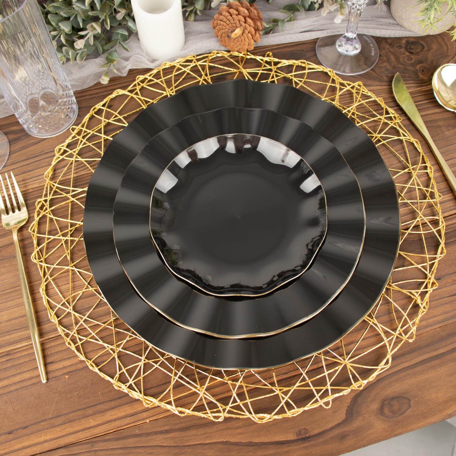 10-Piece Set of Sturdy Black Plastic Round Dinner Plates with Gold-Rimmed Ruffled Edges