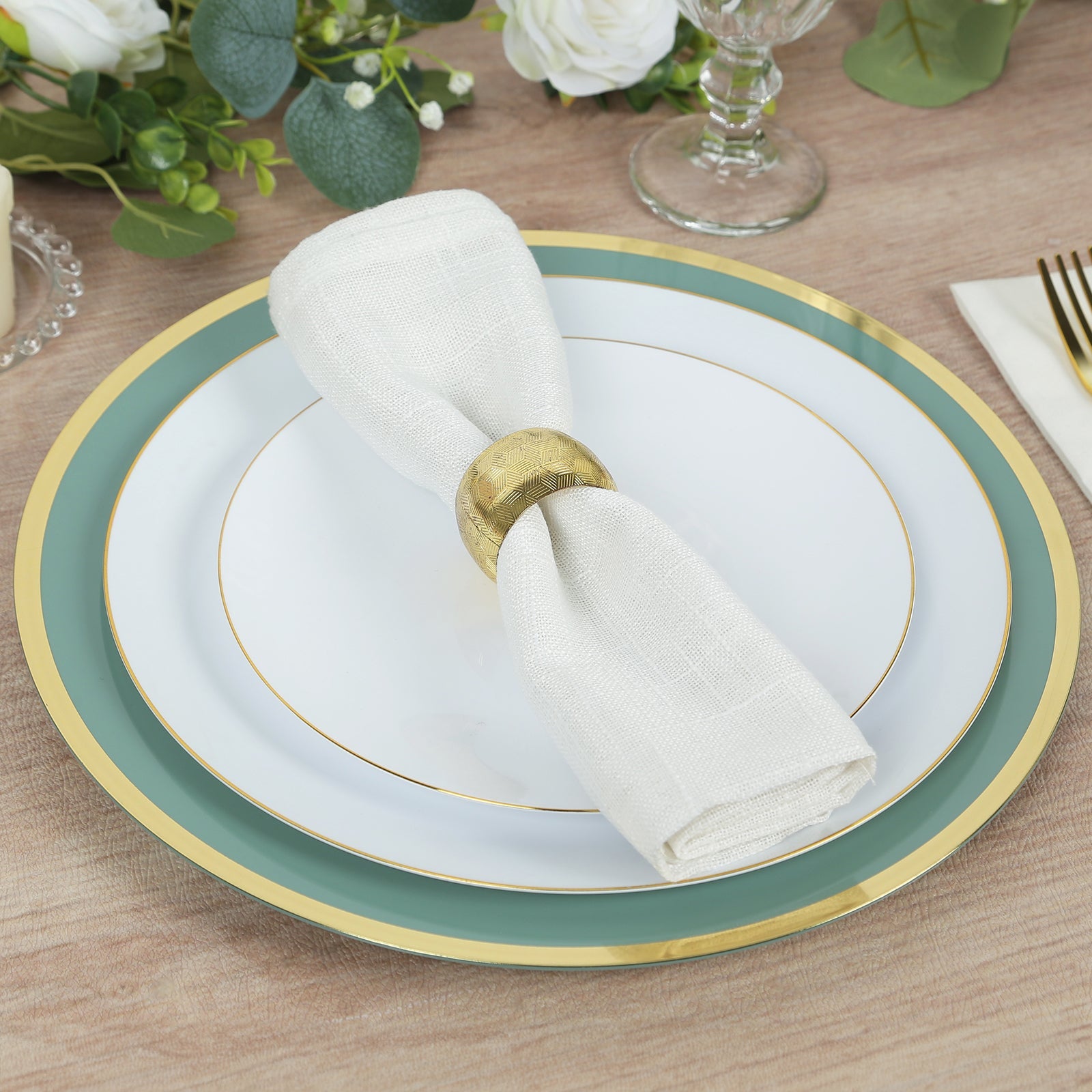 Economy 10-Pack 12-Inch Round Dusty Sage Green Plastic Charger Plates with Wide Gold Rim for Party Serving