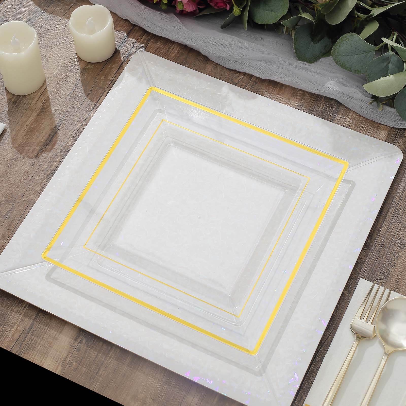 10-Pack Gold Trim Clear Square Plastic Disposable Dinner Plates for Parties