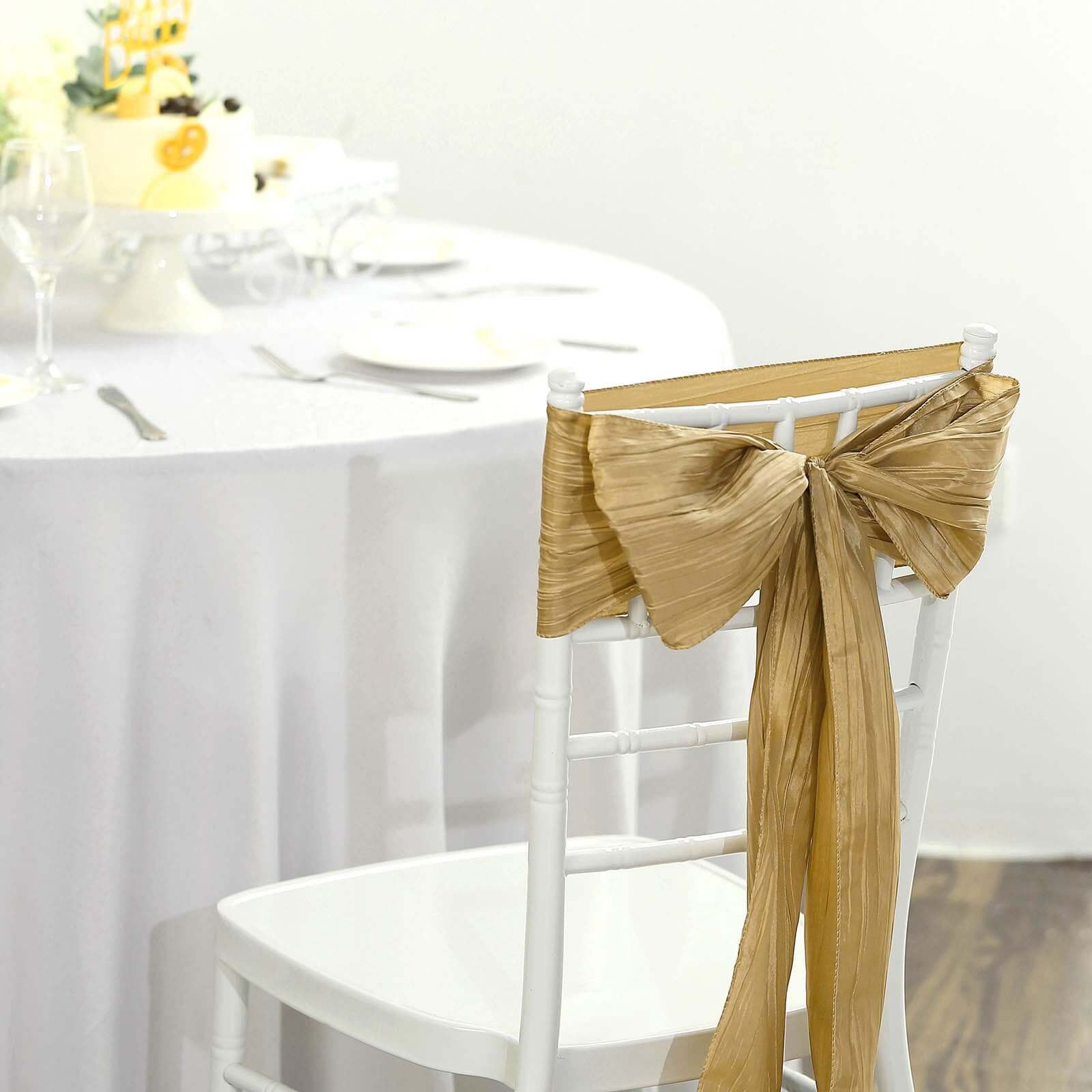 Gold Taffeta Chair Sashes - 5 Pack for Weddings & Events, Accordion Crinkle Style