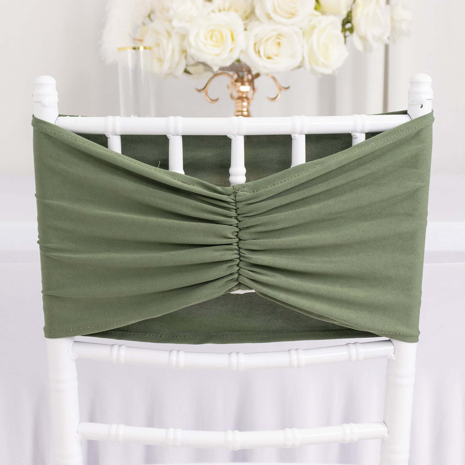 5-Piece Set of Dusty Sage Green Ruffled Spandex Chair Sashes - Wide Stretch Bands, Easy to Use