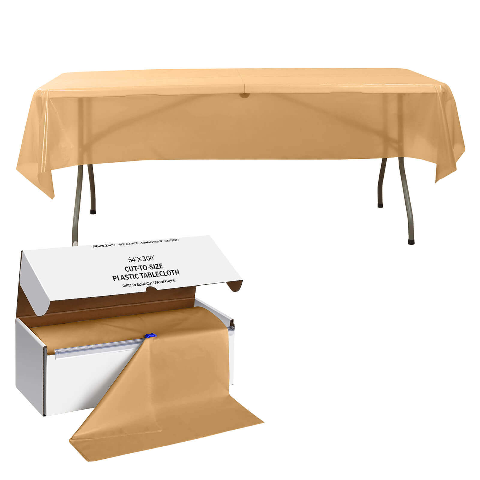 Customizable Gold Plastic Table Cover Roll with Slide Cutter - Great for Events!
