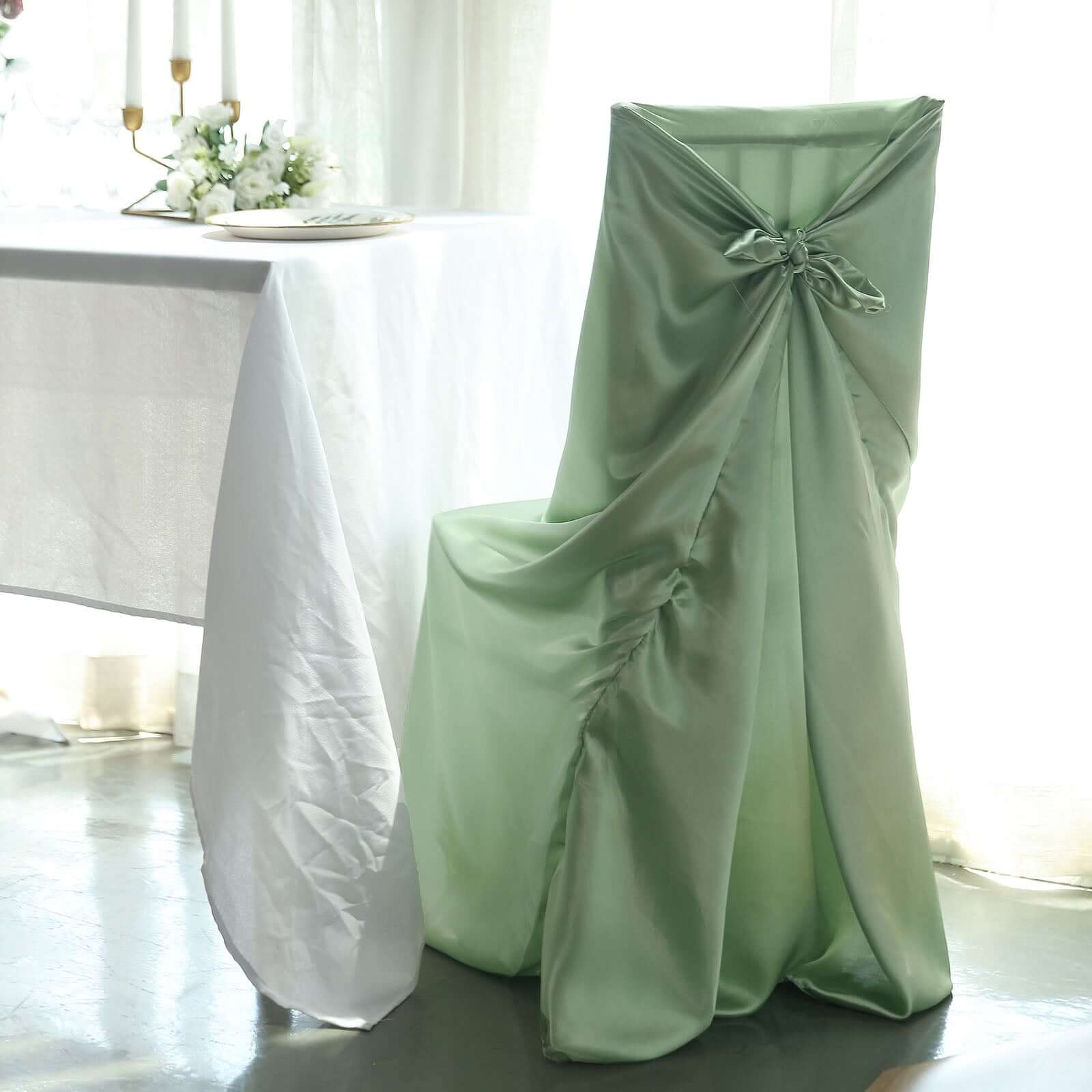 Sage Green Satin Self - Tie Chair Cover: Universal for Folding, Dining & Banquet Chairs