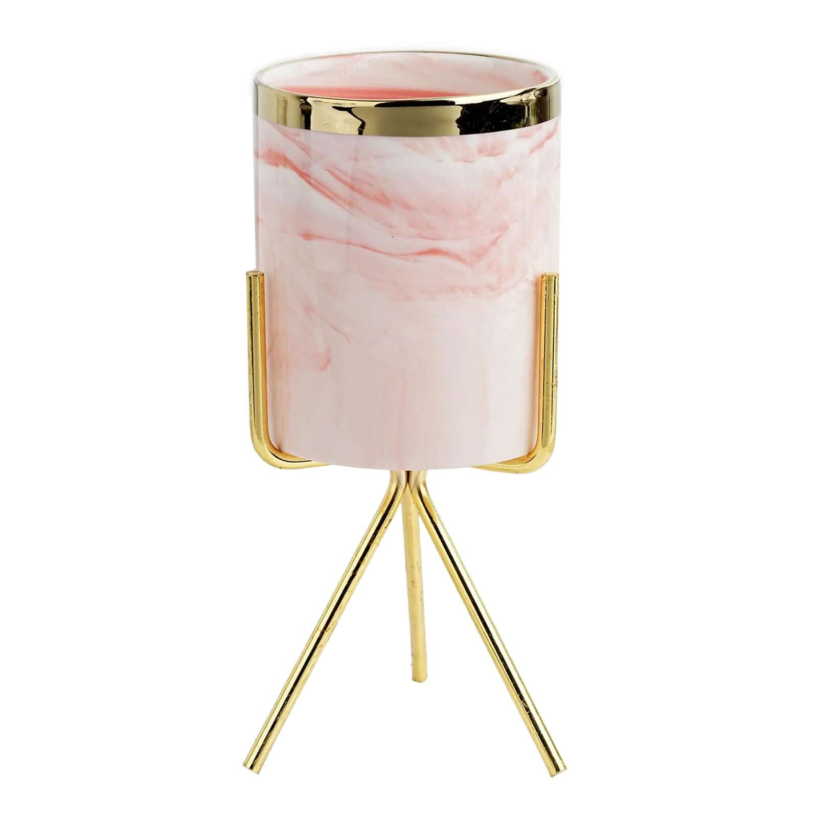 8-Inch Decorative Gold-Rimmed Pink Marble Ceramic Planter with Gold Metal Stand