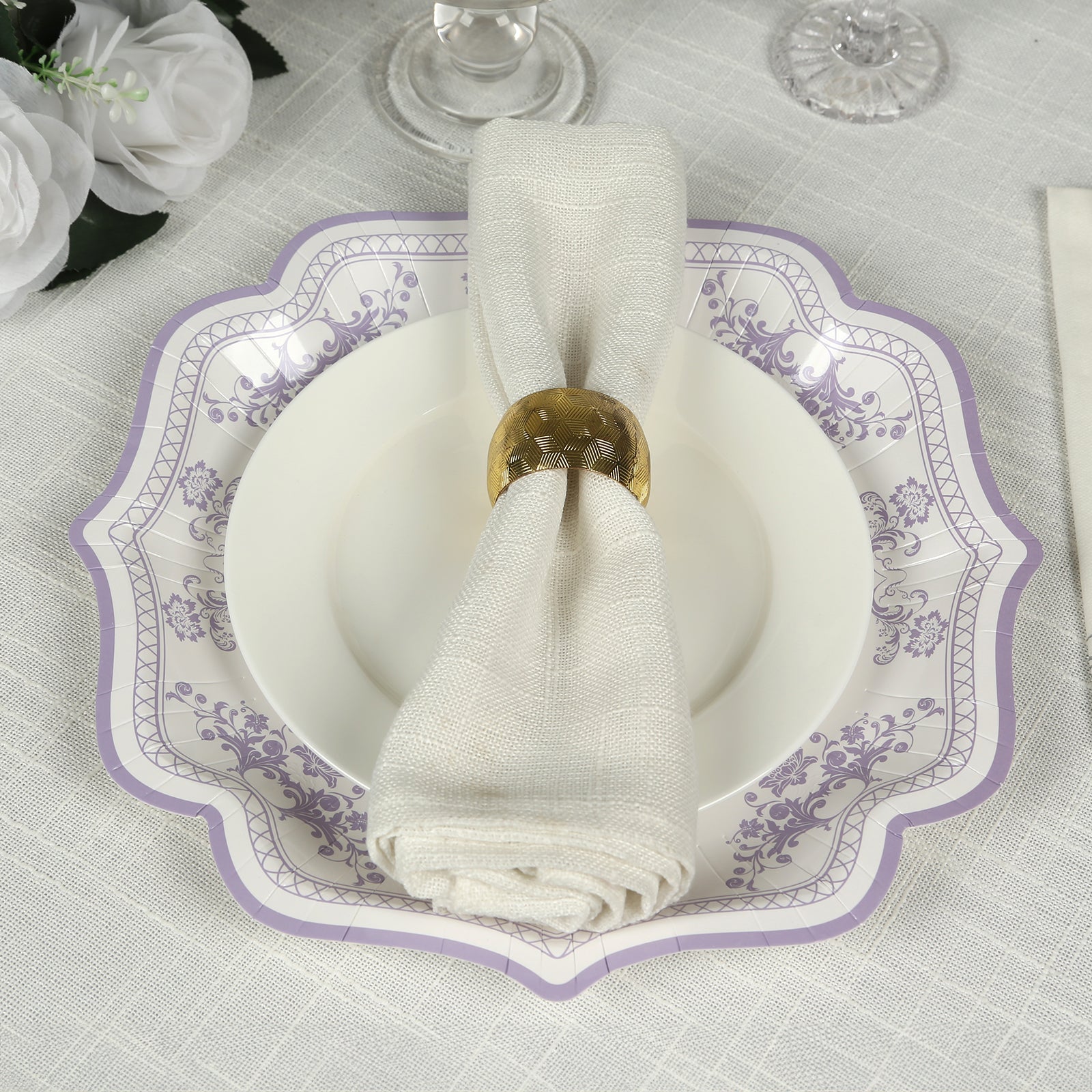 Hot Deal! 25-Pack White & Lavender Lilac Damask Floral Scallop Rim Disposable Paper Dessert Plates (8.5')