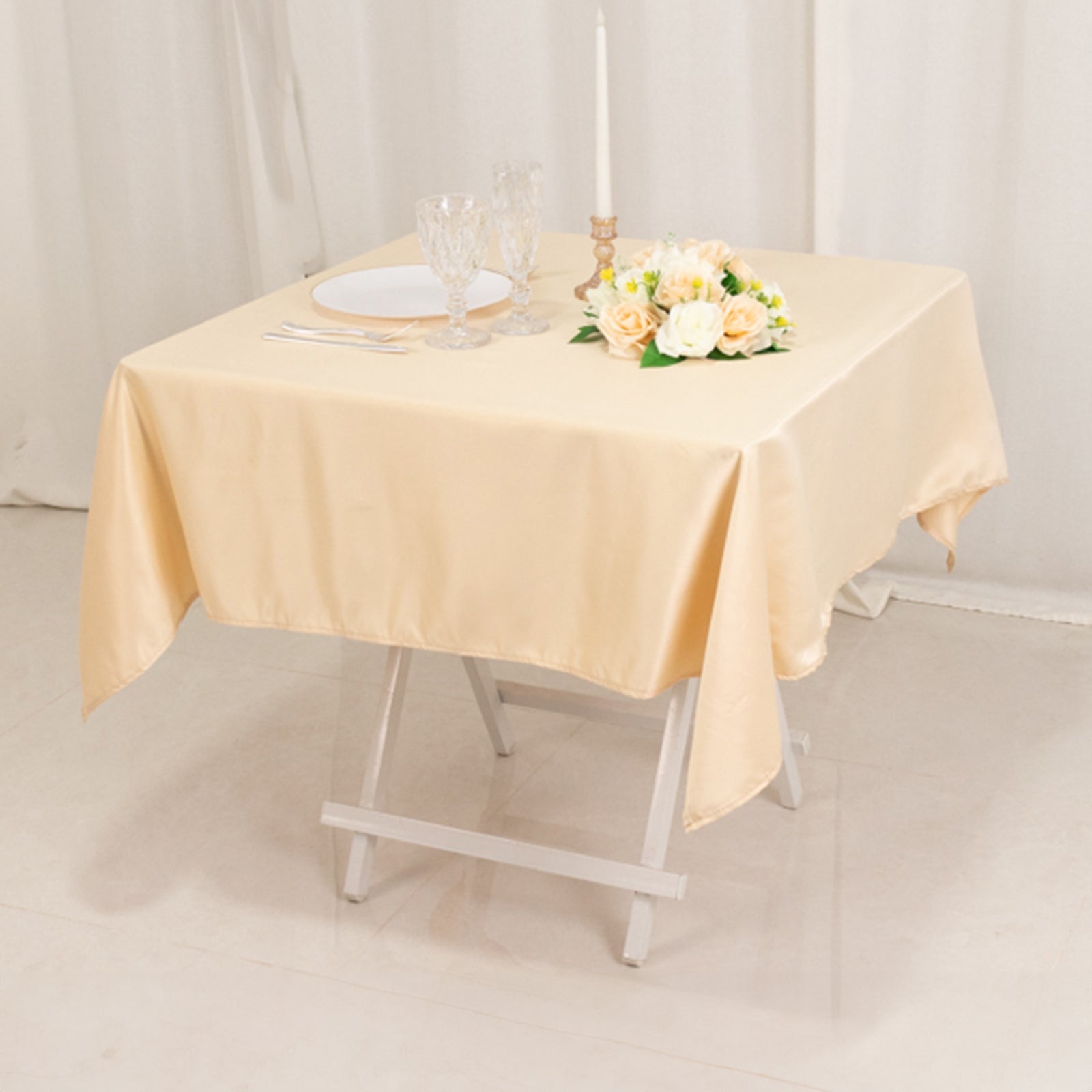 Lamour Satin 54x54 Beige Square Table Overlay - Durable & Silk-Like Table Cover