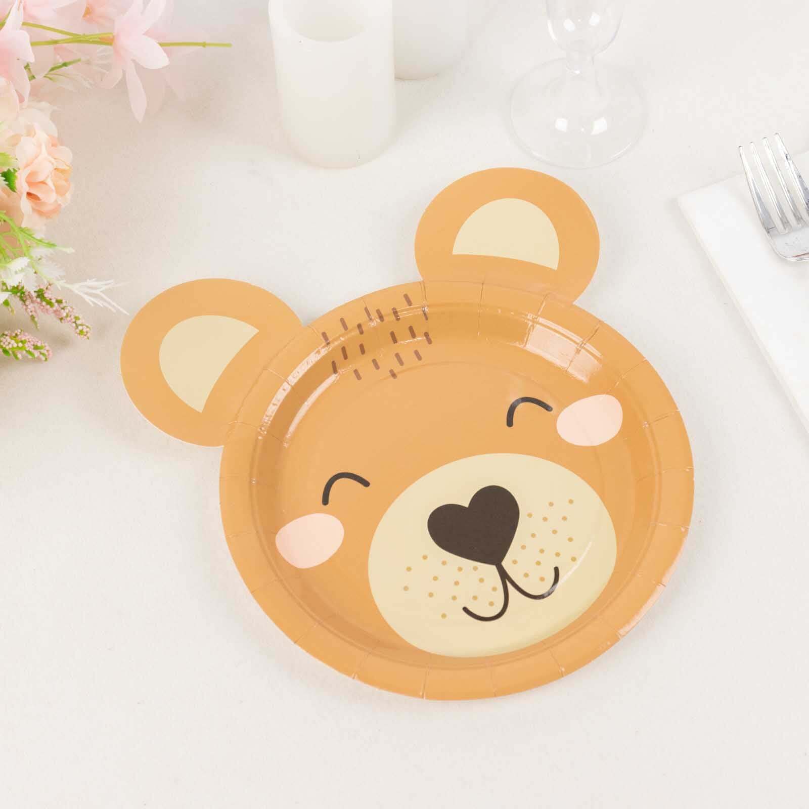 25-Pack Disposable 300GSM Brown Teddy Bear Print Round Dessert Plates - Ideal for Party Decor