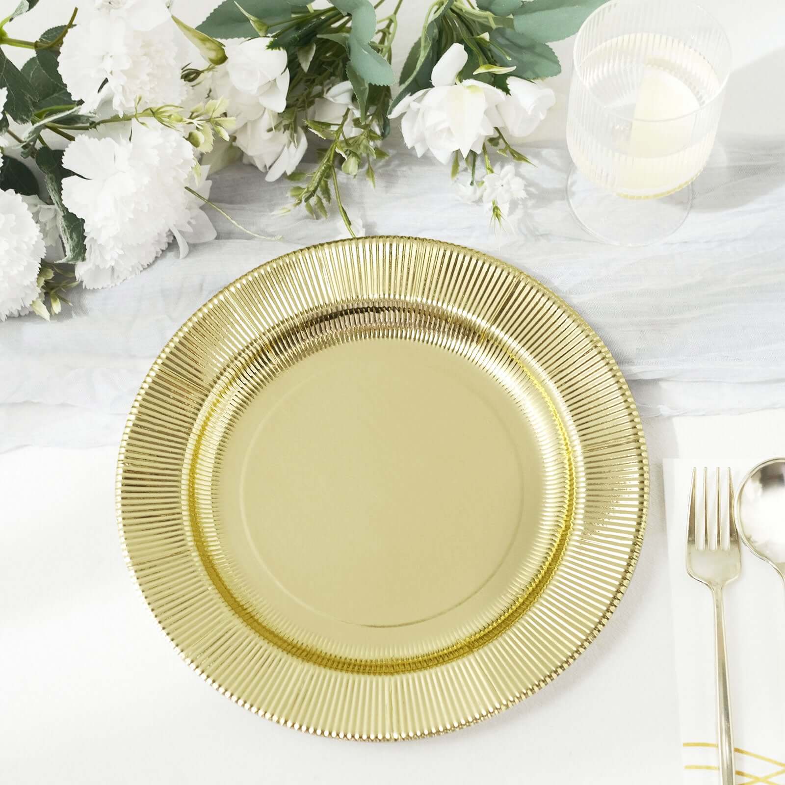 25-Piece Set of Disposable 8-Inch Round Metallic Gold Sunray Design Paper Dessert Plates - Heavy Duty 350GSM