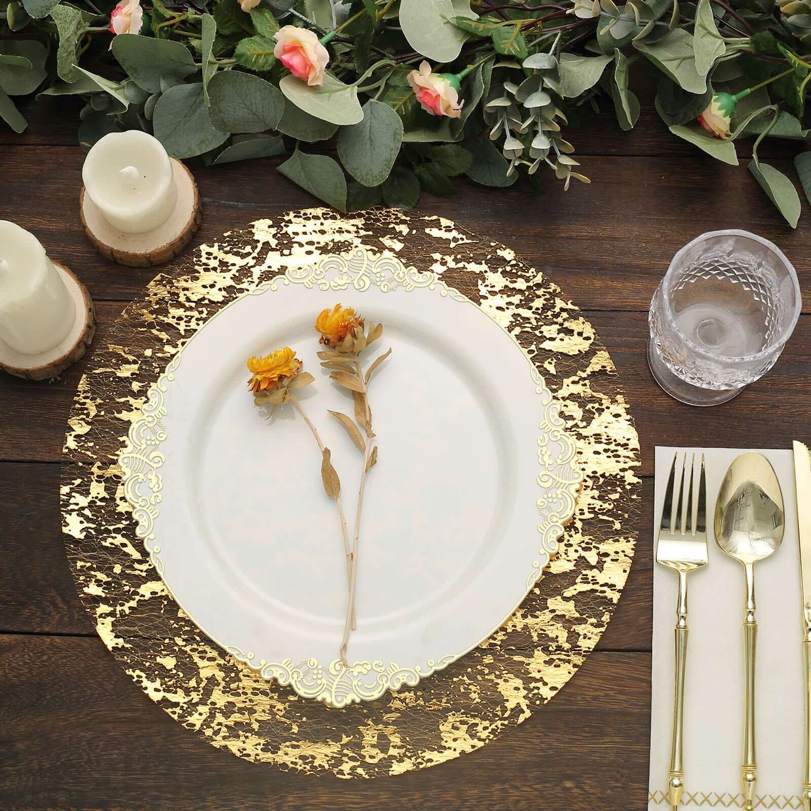 10-Piece Metallic Gold Round Foil Design Disposable Shiny Table Placemats 13 Inches