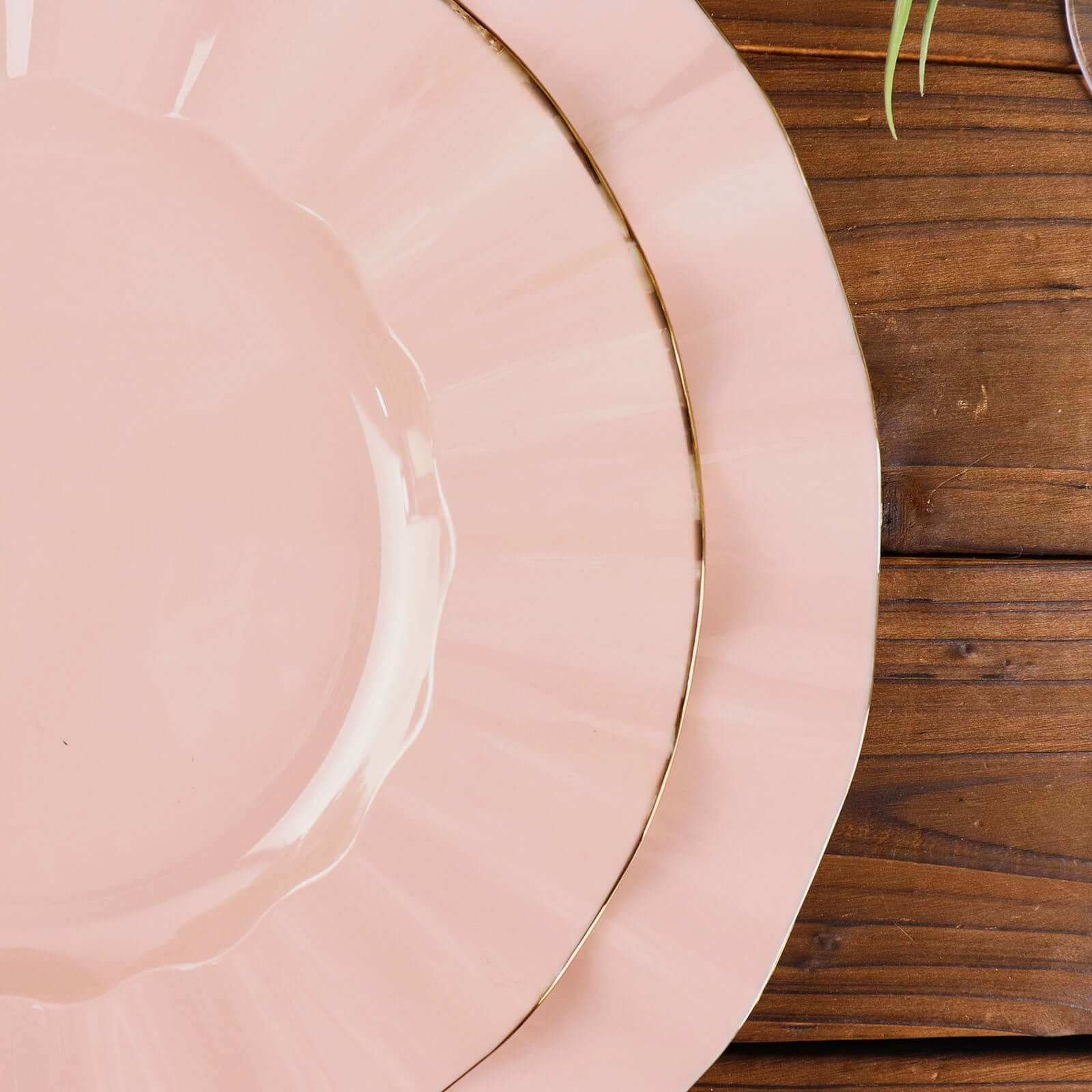 10-Pack Blush Plastic Round Dinner Plates with Gold Edging - Ideal Disposable Dinnerware