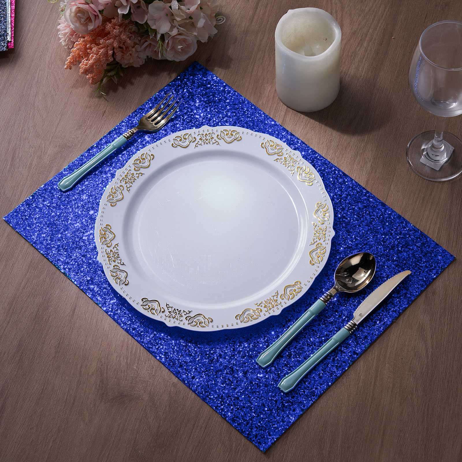 Hot Deal! 6-Pack Royal Blue Glitter Rectangle Non-Slip Placemats 12x18