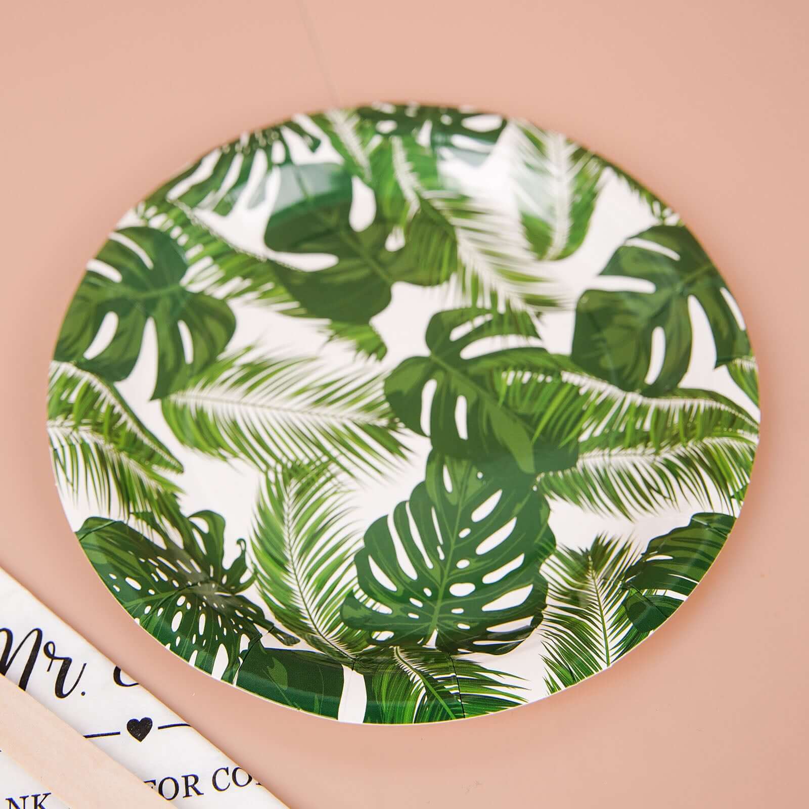 25-Pack Disposable 7-Inch White Paper Dessert Plates with Tropical Palm Leaf Design for Boho & Jungle Themed Parties