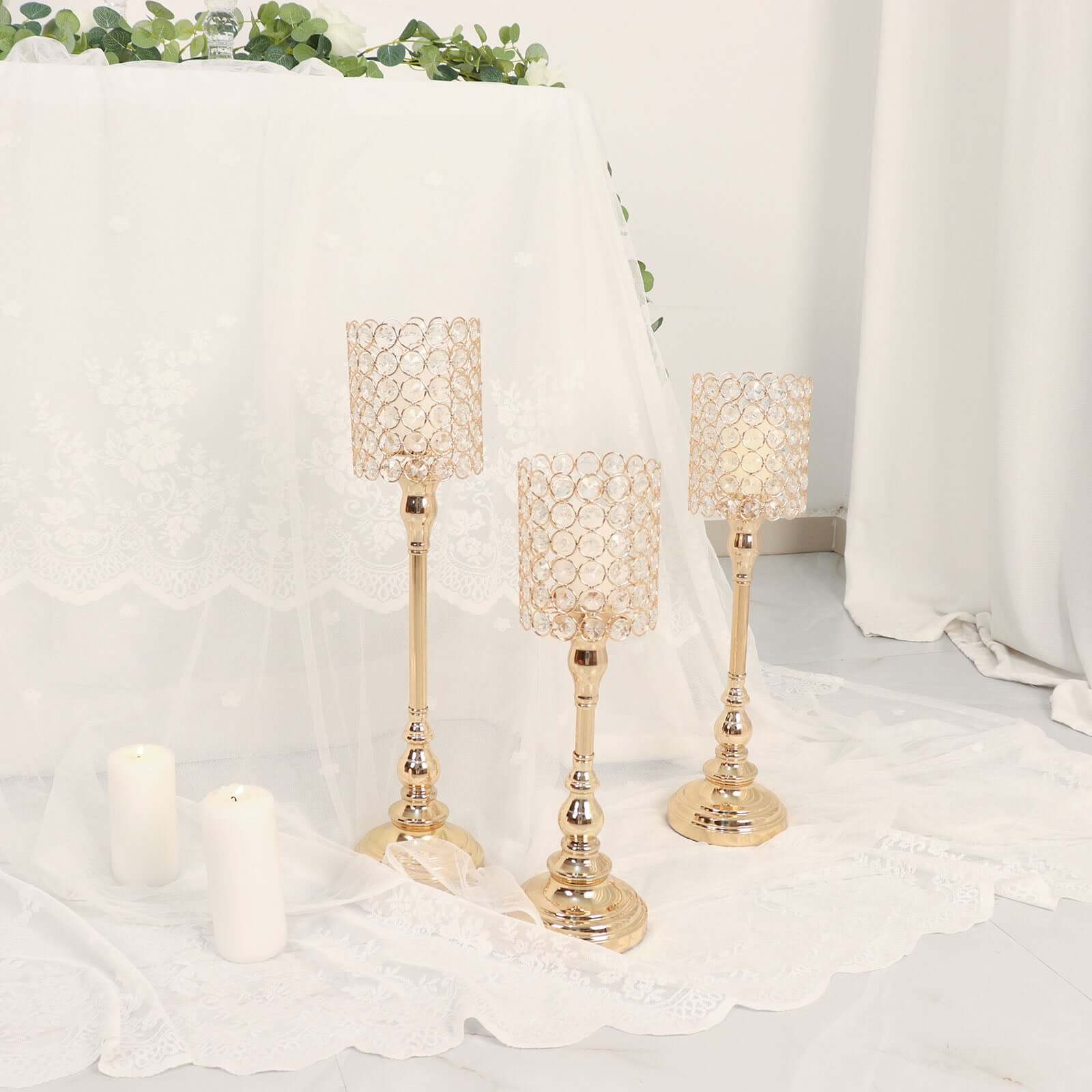 Hot Sale! Set of 3 Gold Crystal Beaded Cylinder Votive Candle Holder Stands for Events