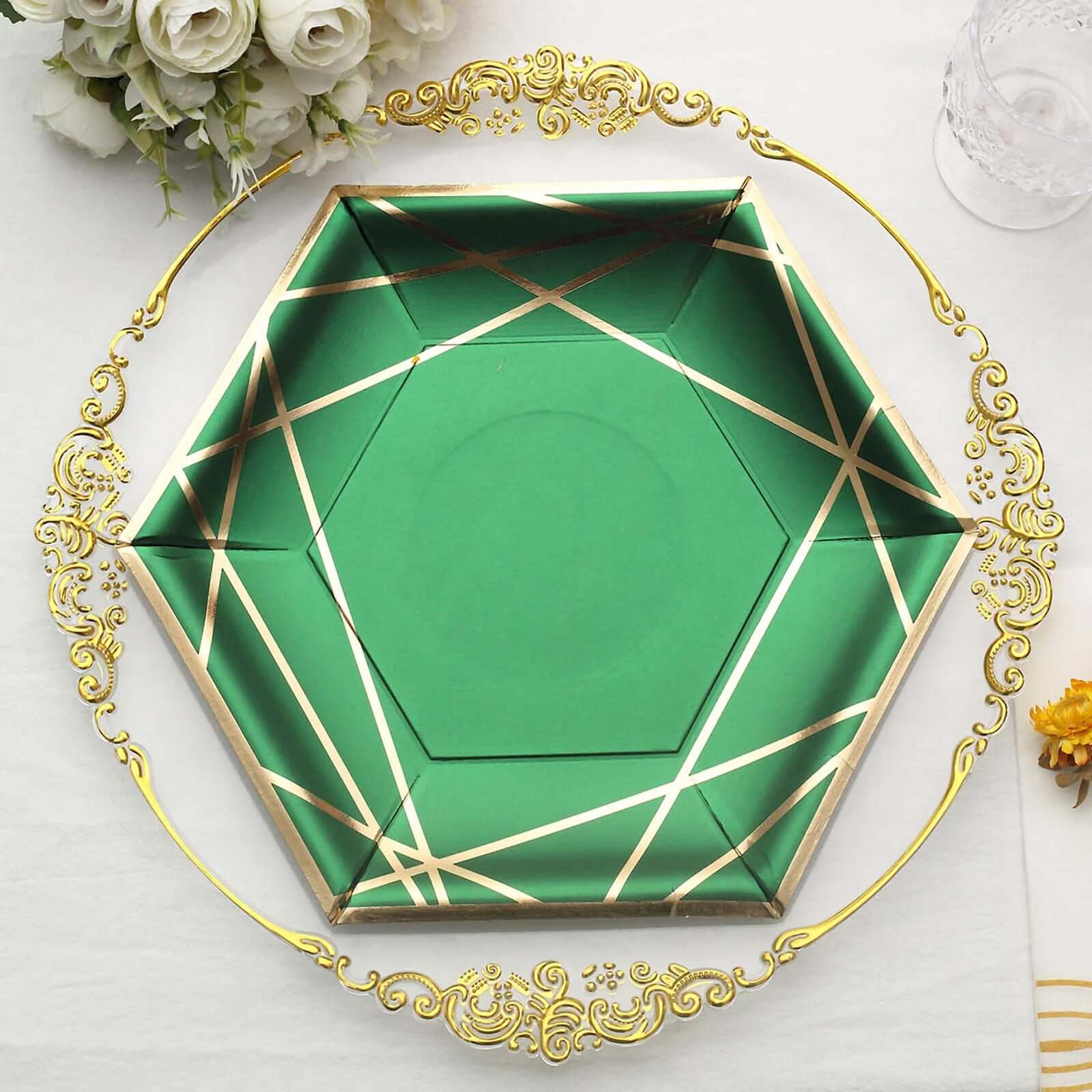 25-Piece Set of Hunter Emerald Green Paper Hexagon Dinner Plates with Gold Geometric Rim