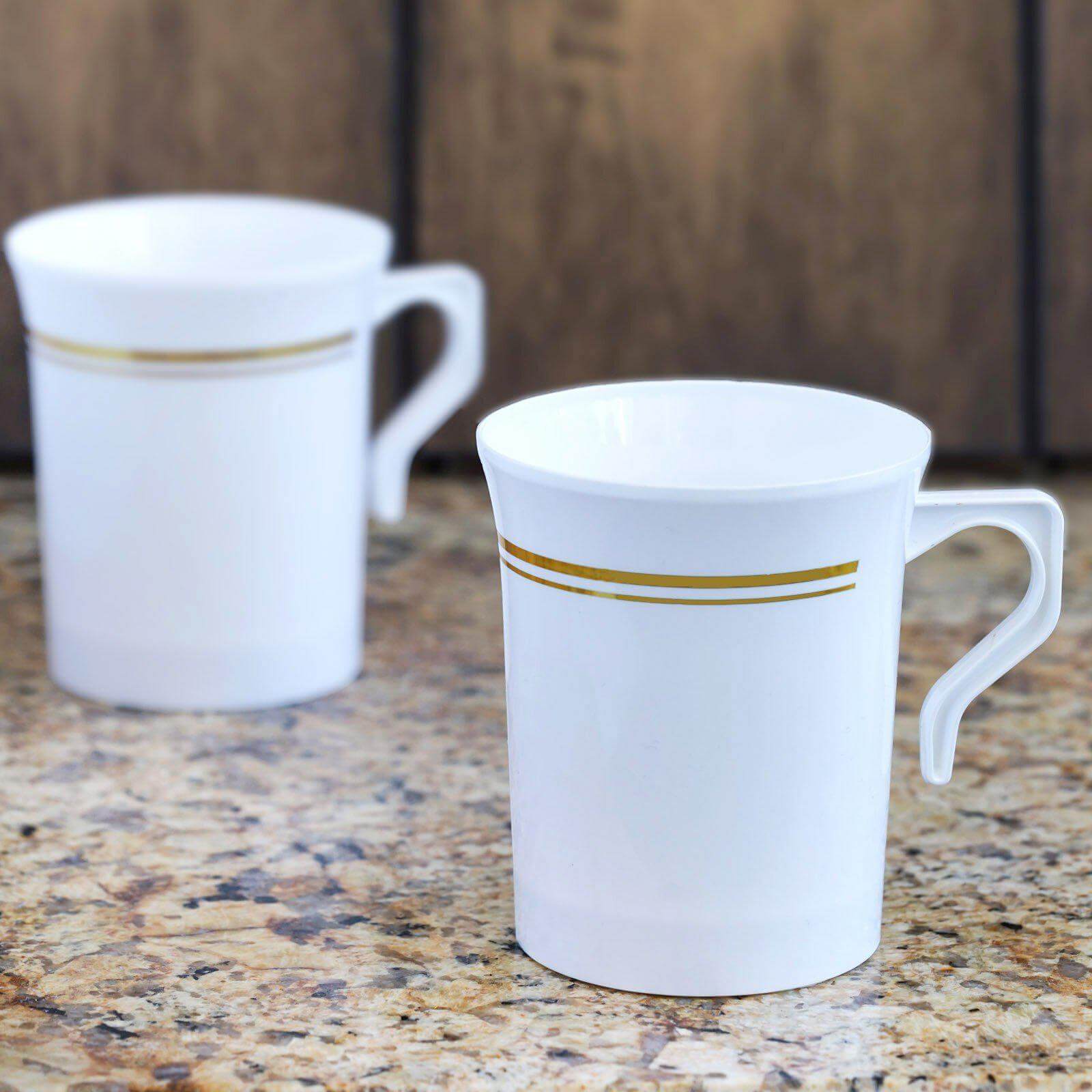 8-Piece Set of Disposable White Plastic Coffee Mugs with Gold Stripes - 8oz Sturdy Cups for Coffee & Tea