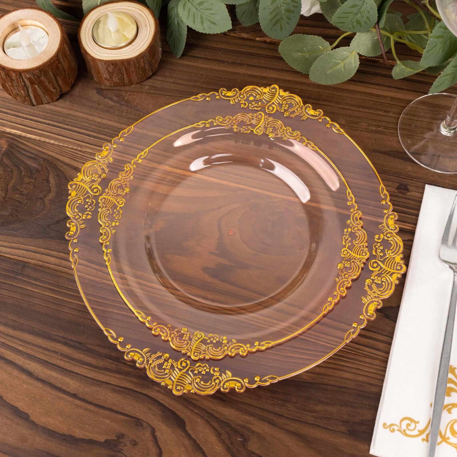 10-Pack Disposable 8" Transparent Blush Plastic Dessert Plates with Gold Leaf Embossed Rim - Vintage Baroque Style