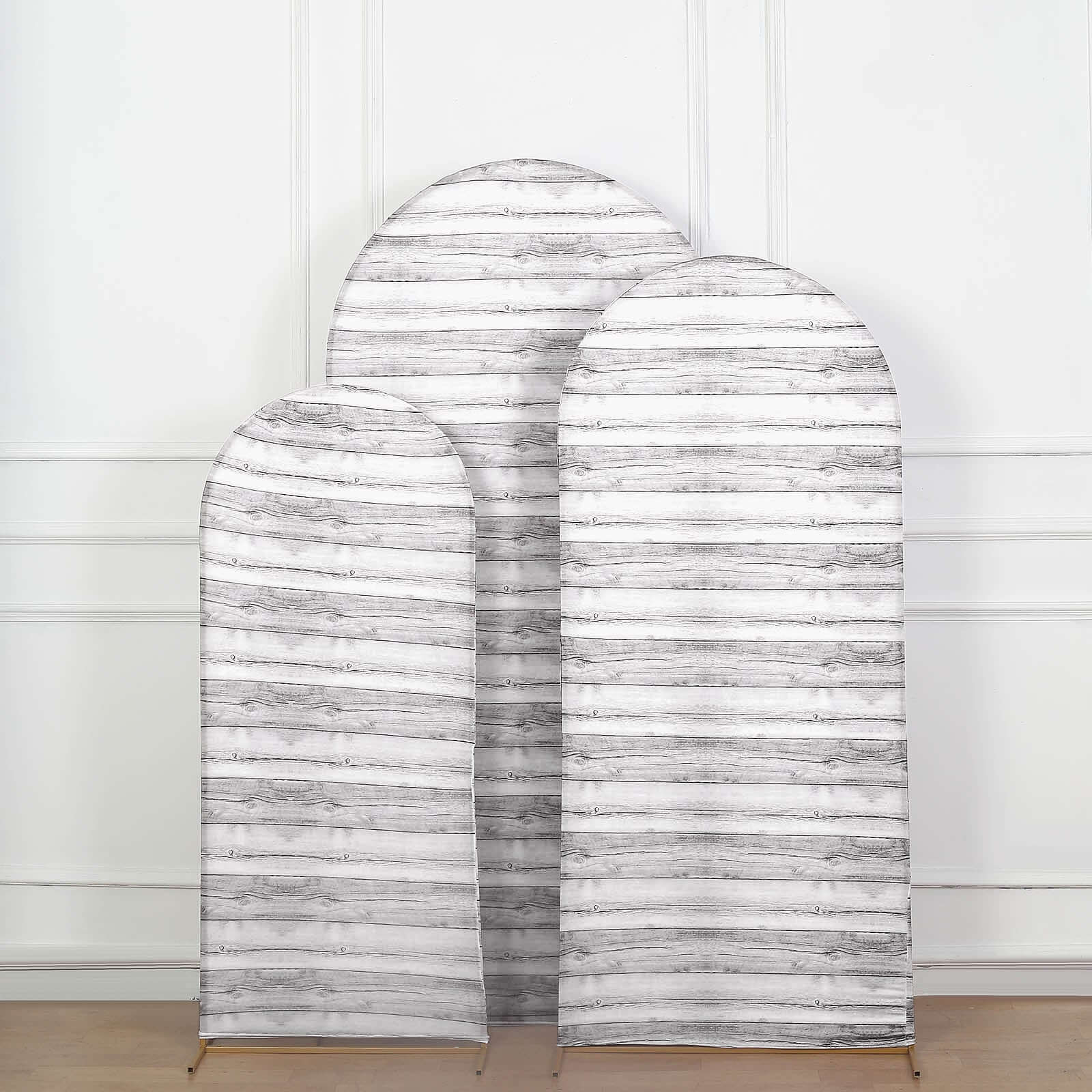 Special Offer! Set of 3 White Rustic Wood Pattern Spandex Covers for Round Top Chiara Wedding Arch Backdrops - 5ft, 6ft, 7ft