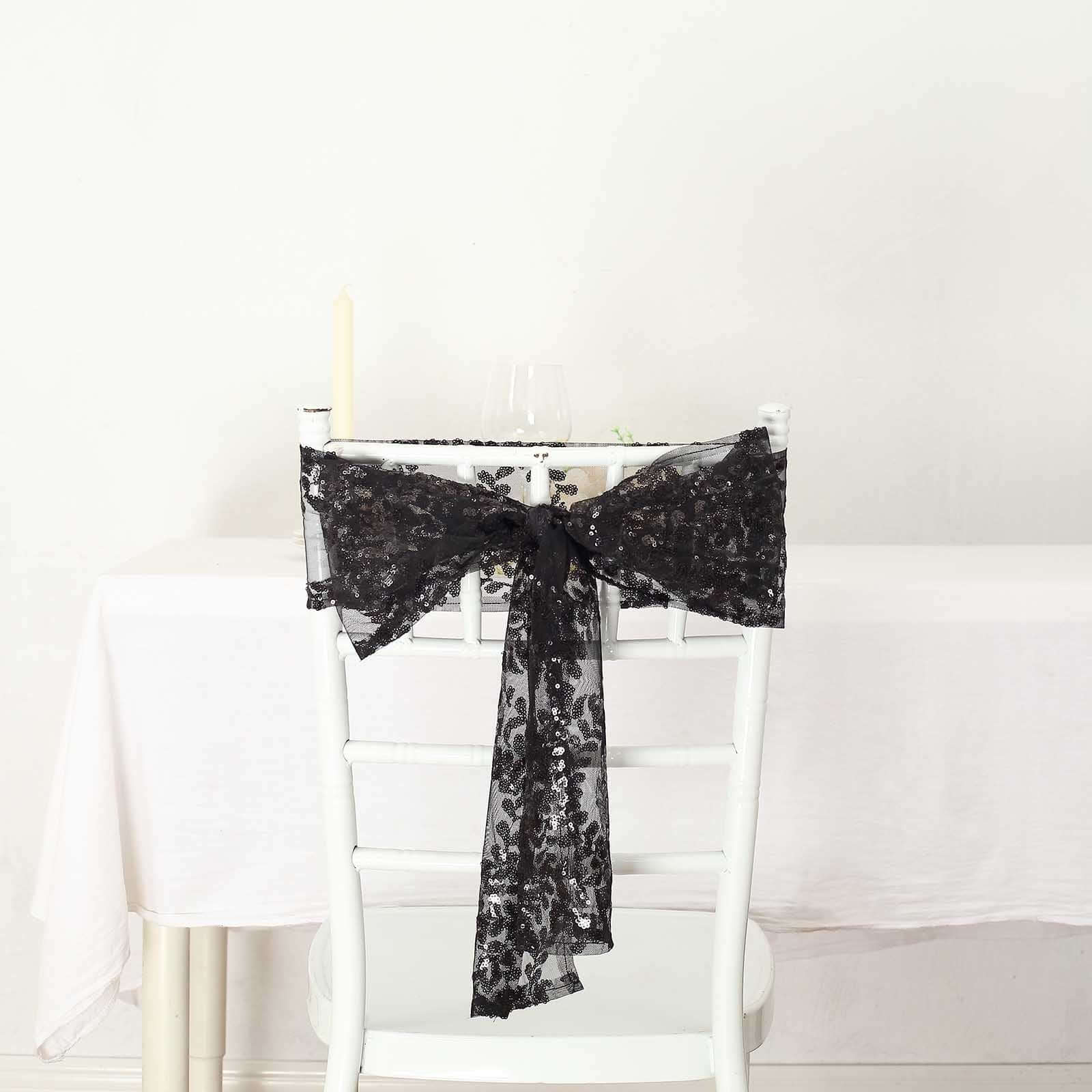 5-Pack Black Tulle Chair Sashes with Leaf Vine Embroidered Sequins - Ideal for Special Events