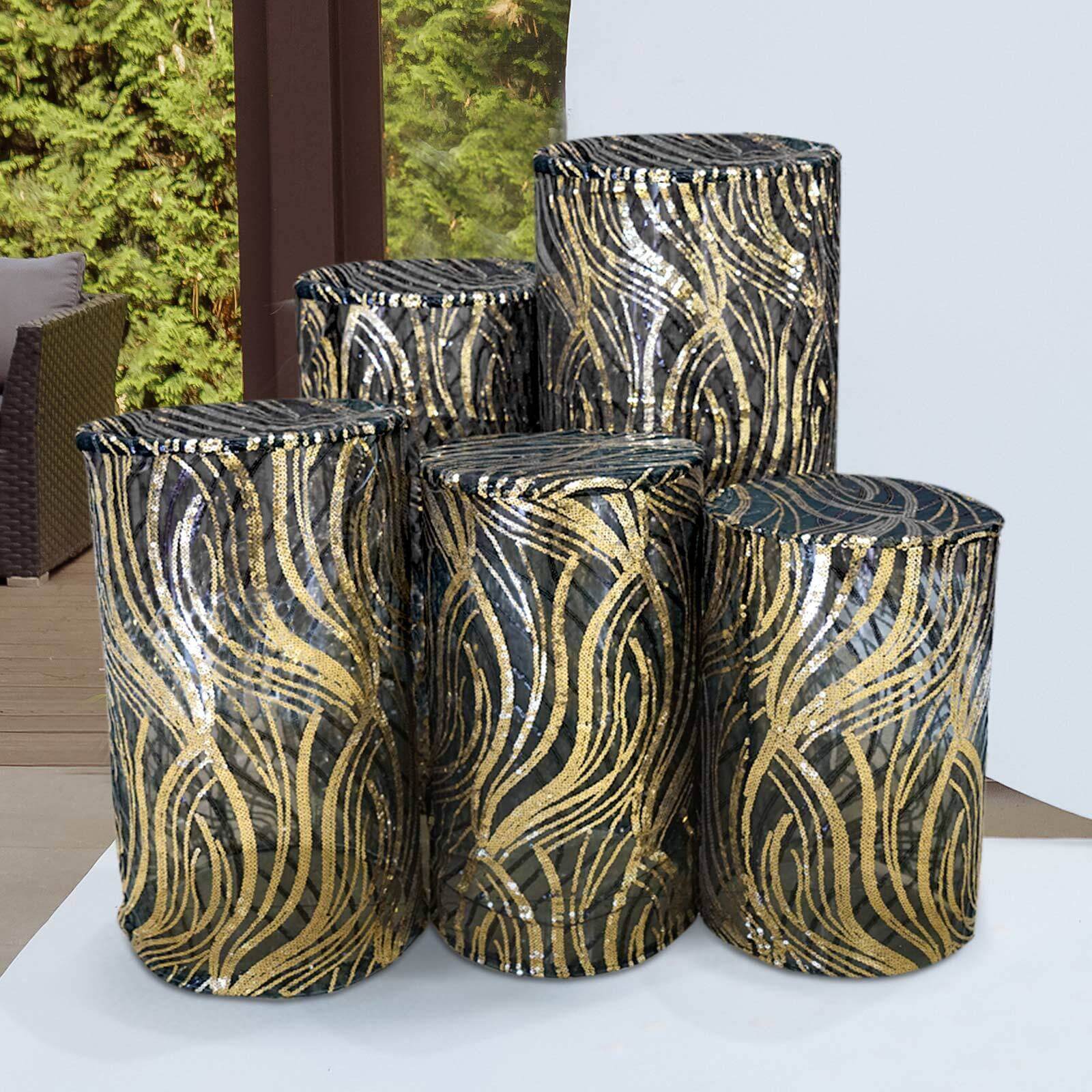 Hot! Set of 5 Embroidered Sequin Black Wave Mesh Cylinder Pedestal Stand Covers