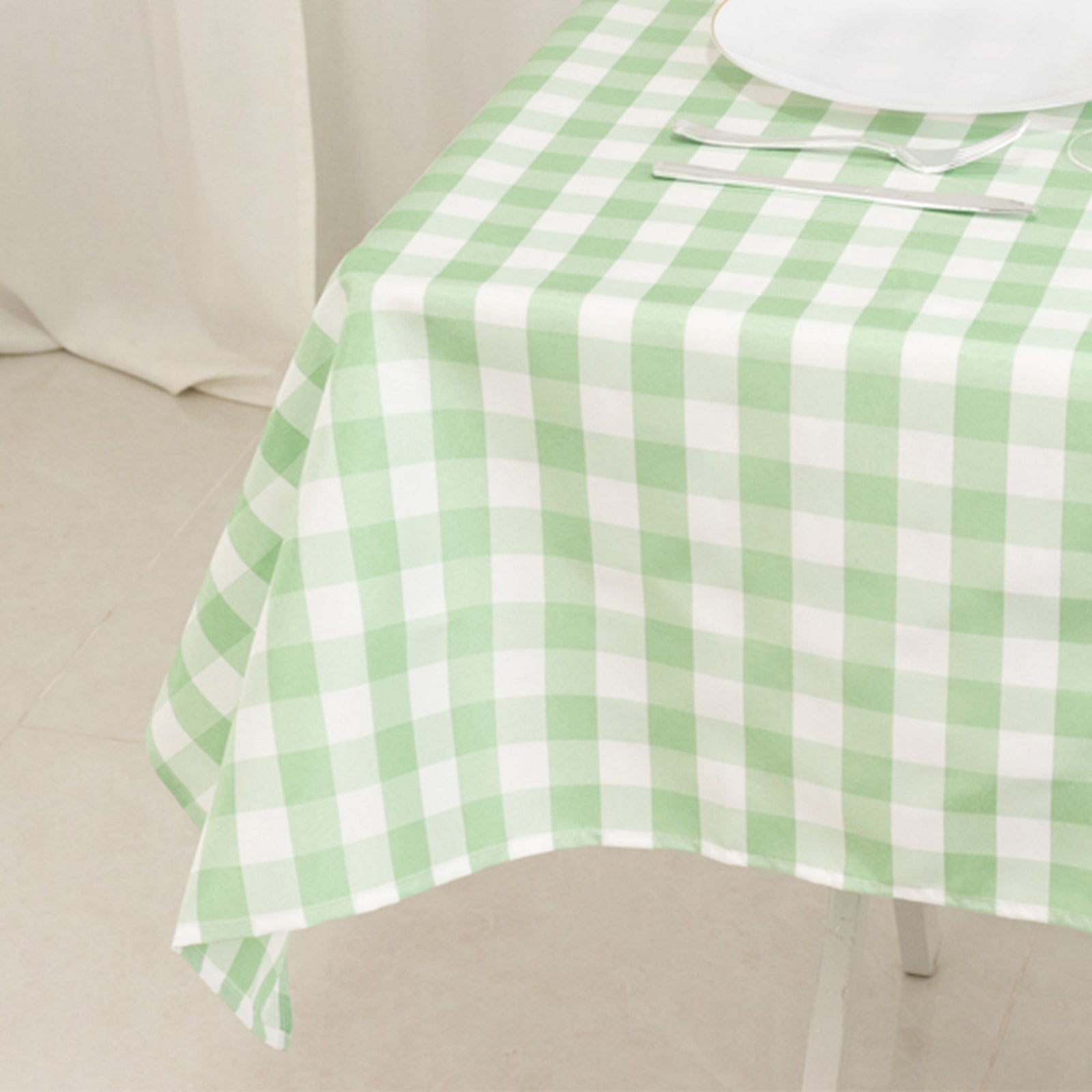 Exclusive Polyester Square Table Overlay - 54x54 White/Sage Green Checkered Buffalo Plaid for Casual Tables