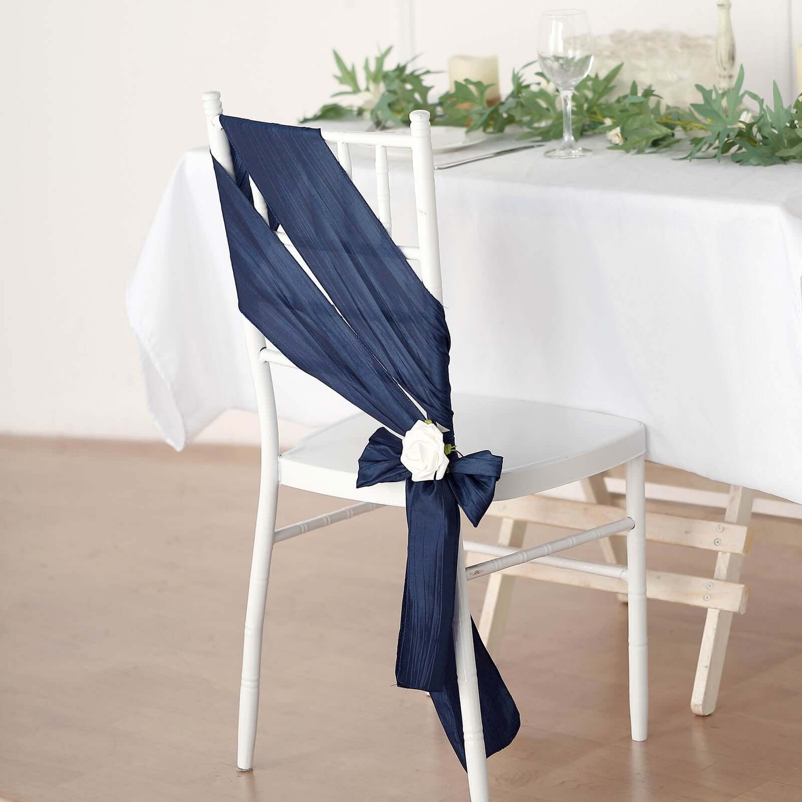 Special Offer! 5-Pack Navy Blue Accordion Crinkle Taffeta Chair Sashes for Weddings & Gatherings