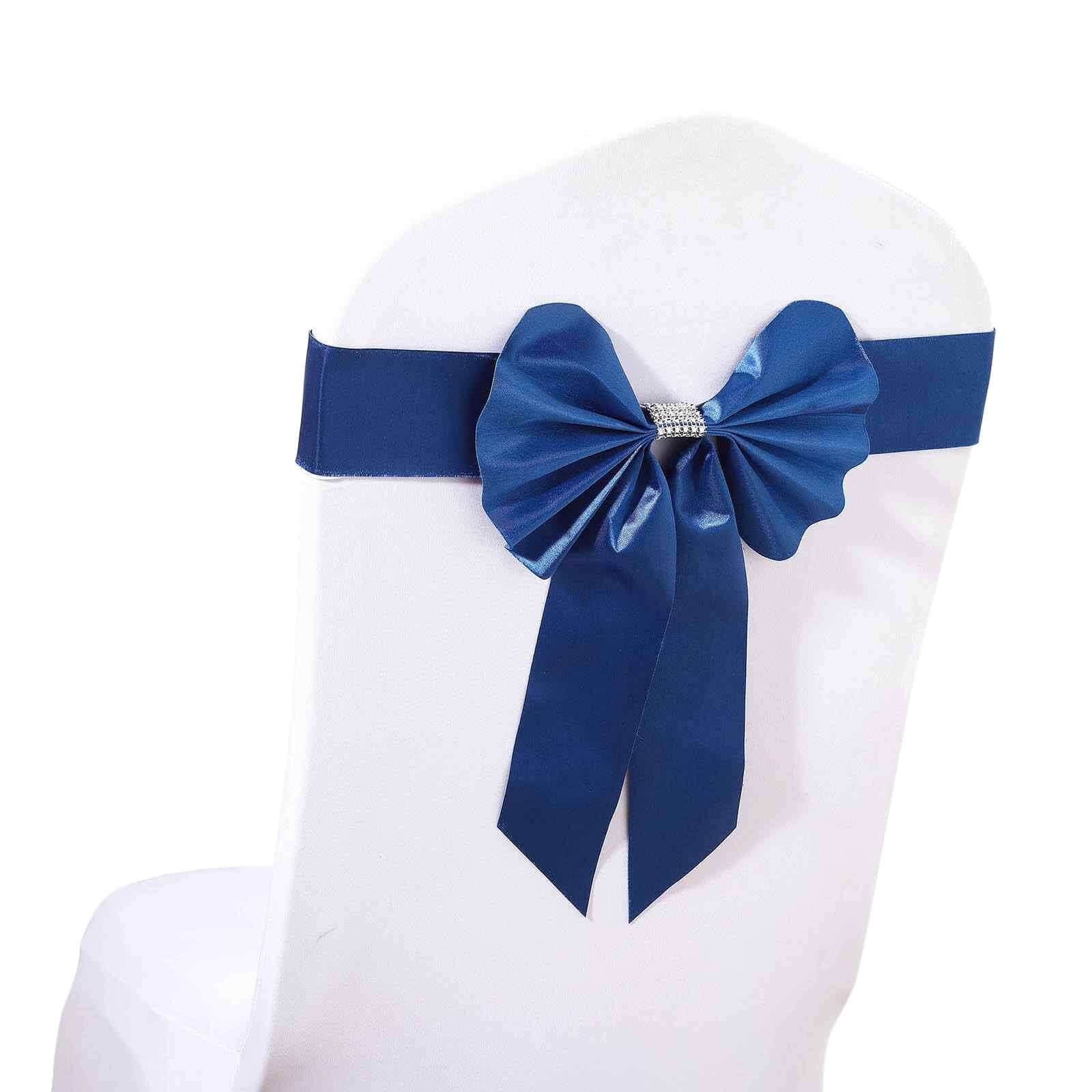 Hot Deal! 5-Pack Royal Blue Satin Faux Leather Chair Sashes with Diamond Rhinestone Buckles