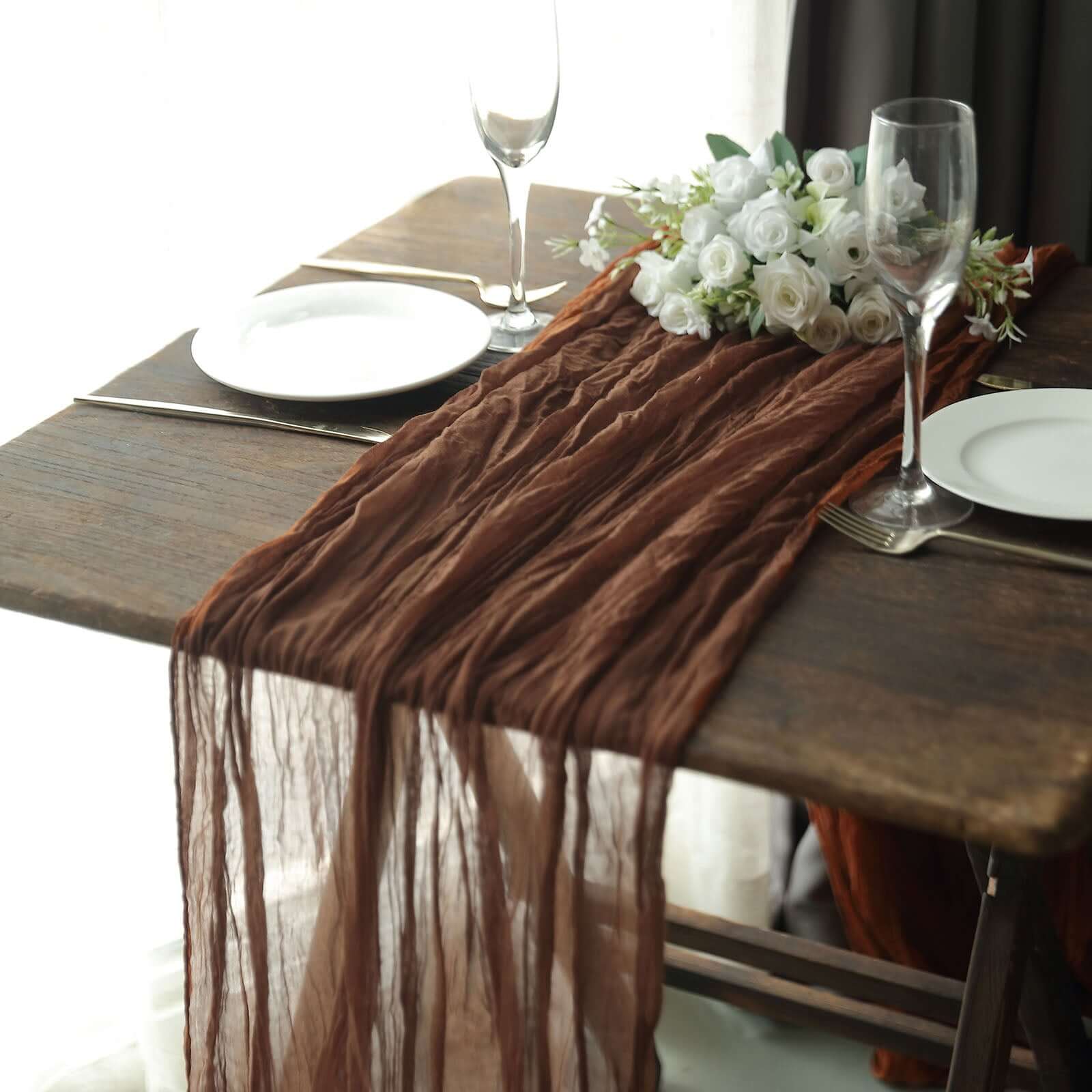 Hot Sale! 10ft Cinnamon Brown Gauze Cheesecloth Table Runner in Rustic Boho Style