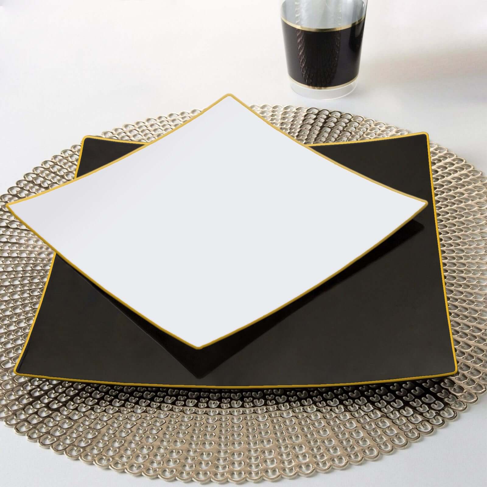 Hot Deal! 10-Pack White Concave Square Plastic Dessert Plates with Gold Rim - Ideal for Weddings & Special Events