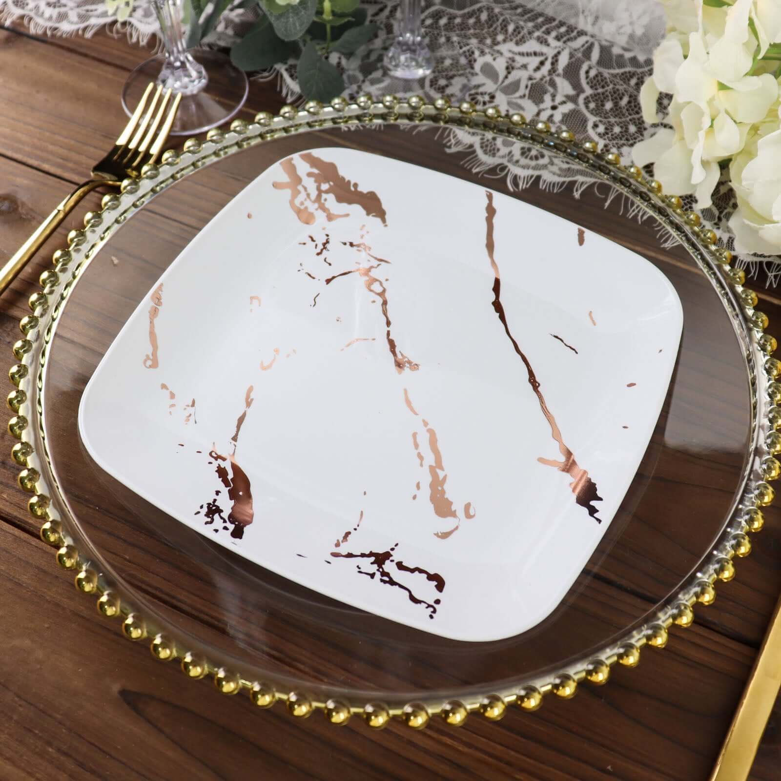 10-Pack Disposable White Plastic Dessert Plates with Rose Gold Marble Design - Ideal for Parties