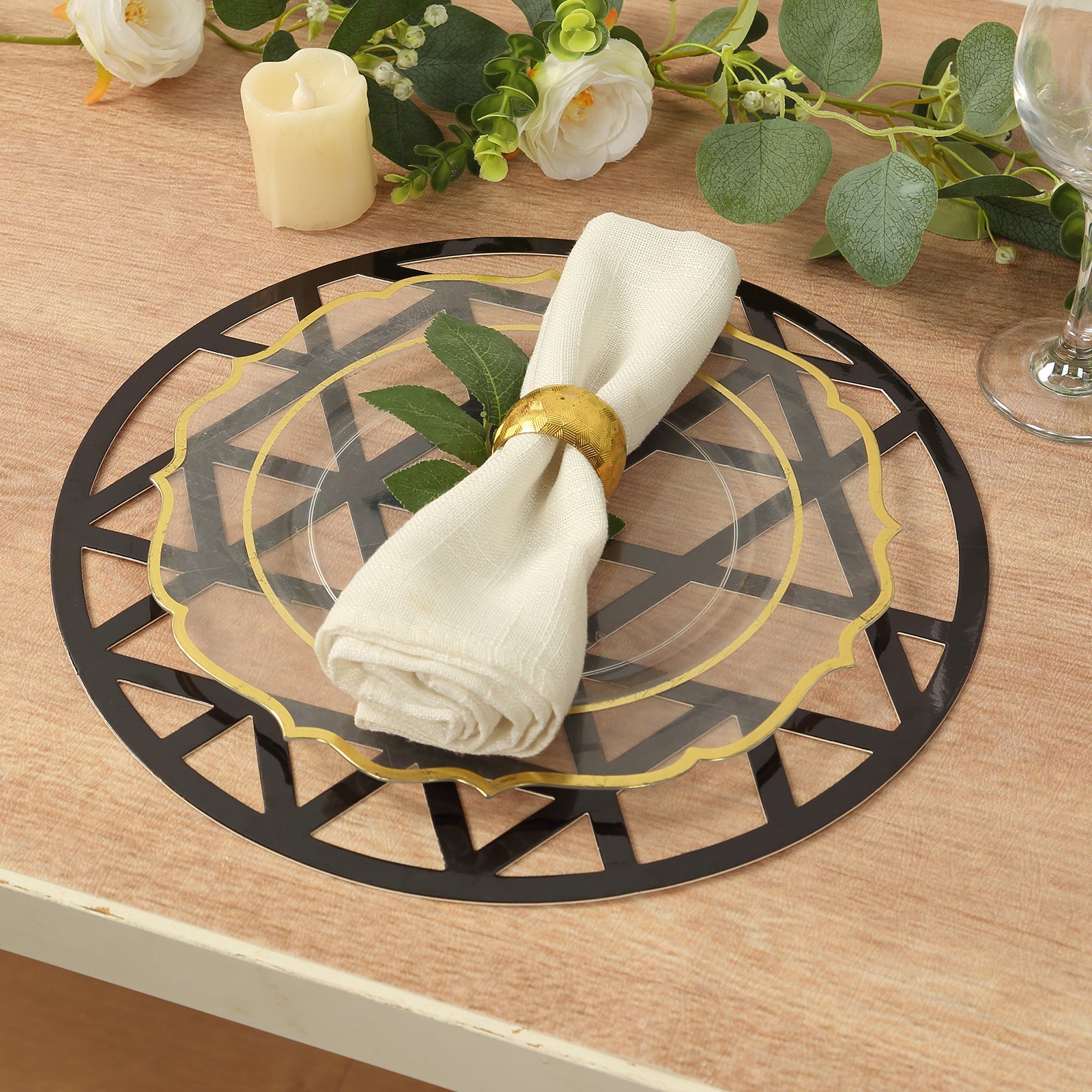 Hot Sale! 6-Pack Disposable Black Cardboard Table Placemats with Laser-Cut Geometric Triangles, 13 Inches