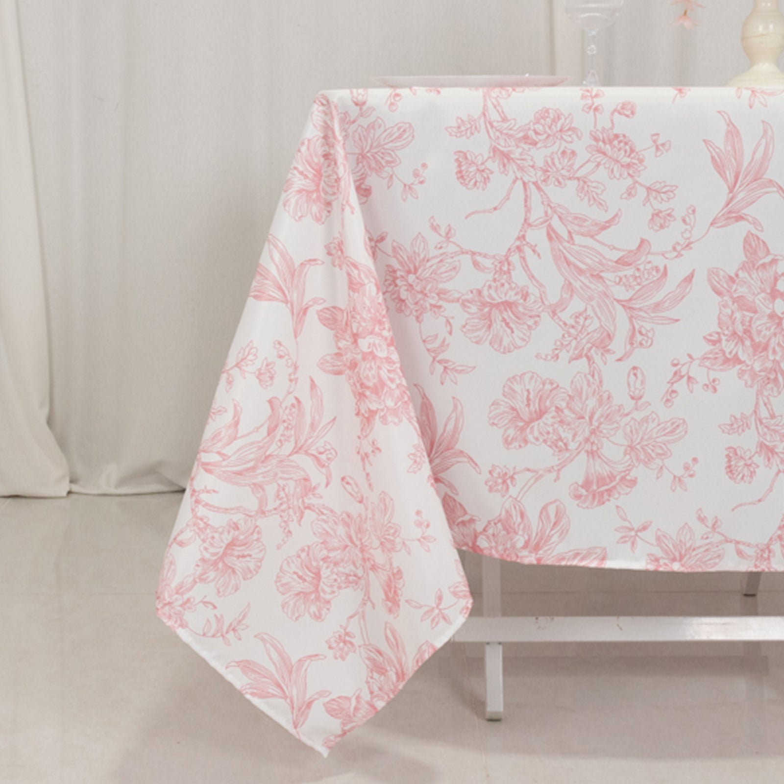 70x70 Polyester White - Pink French Toile Pattern Square Table Overlay for Elegant Gatherings