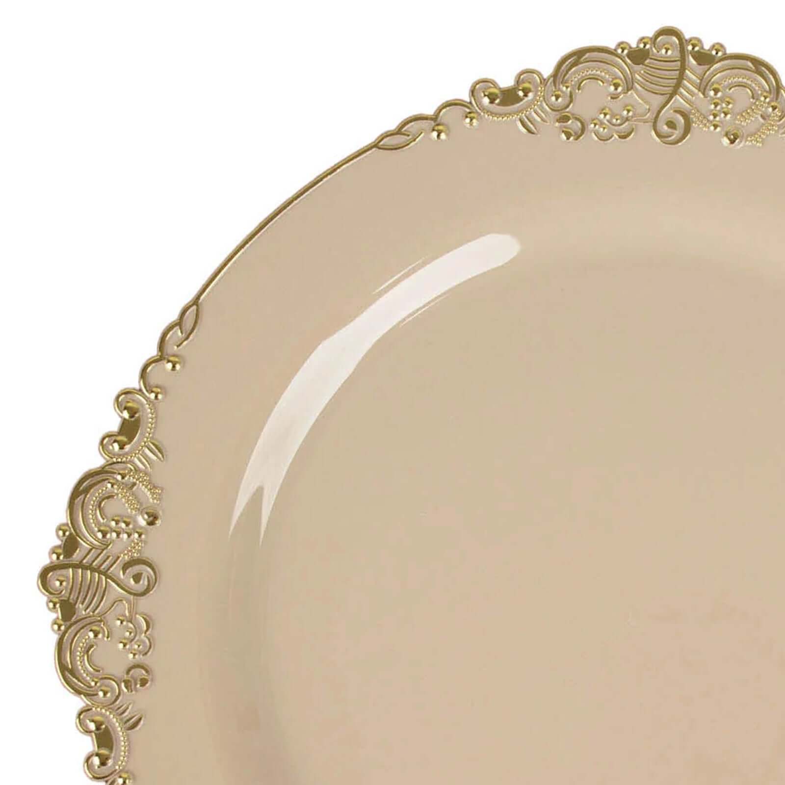 10-Pack Disposable Taupe Plastic Round Dessert Plates with Gold Leaf Embossed Rim - Vintage Baroque Style