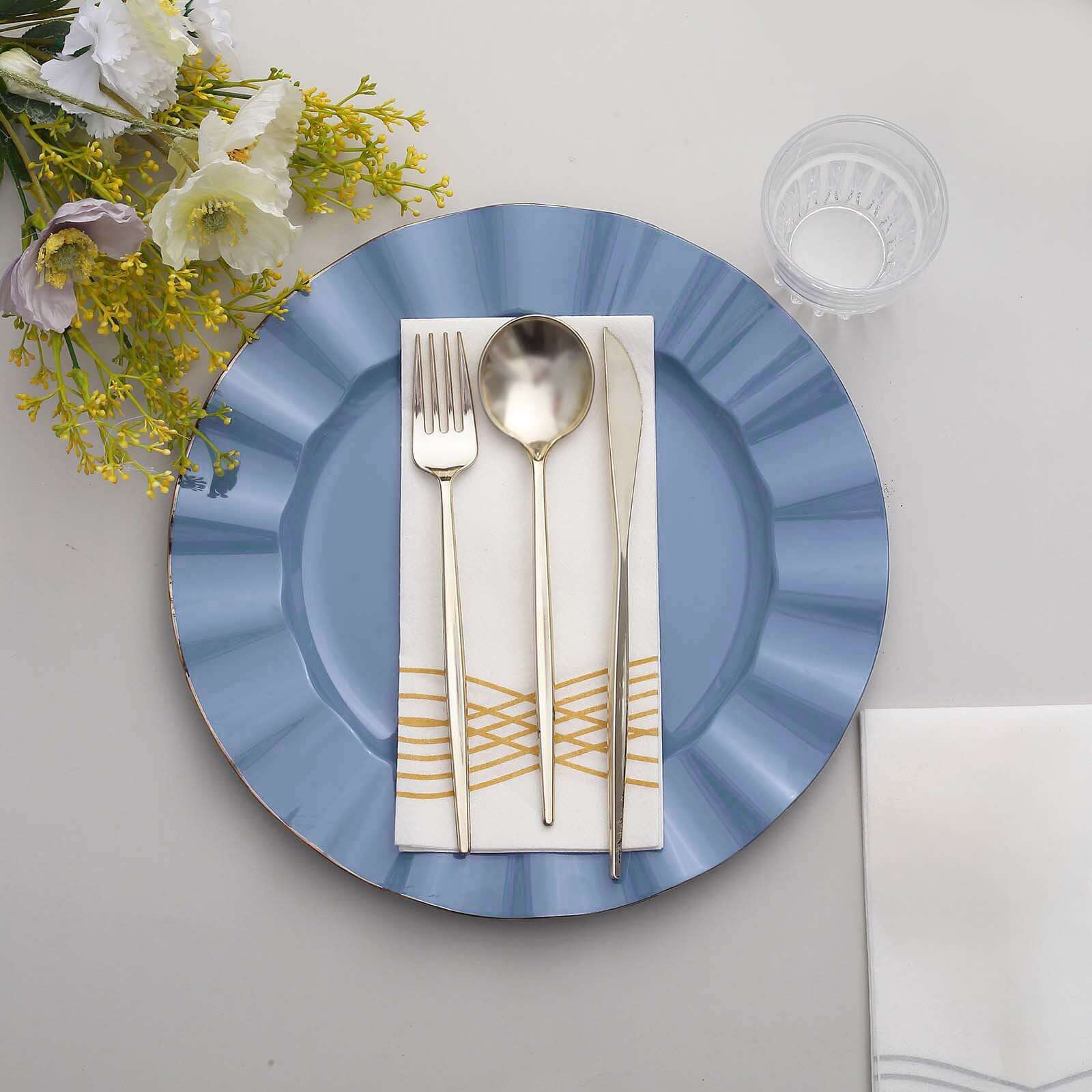 10-Piece Set of Sturdy Disposable Ocean Blue Round Dinner Plates with Gold-Rimmed Ruffled Edges
