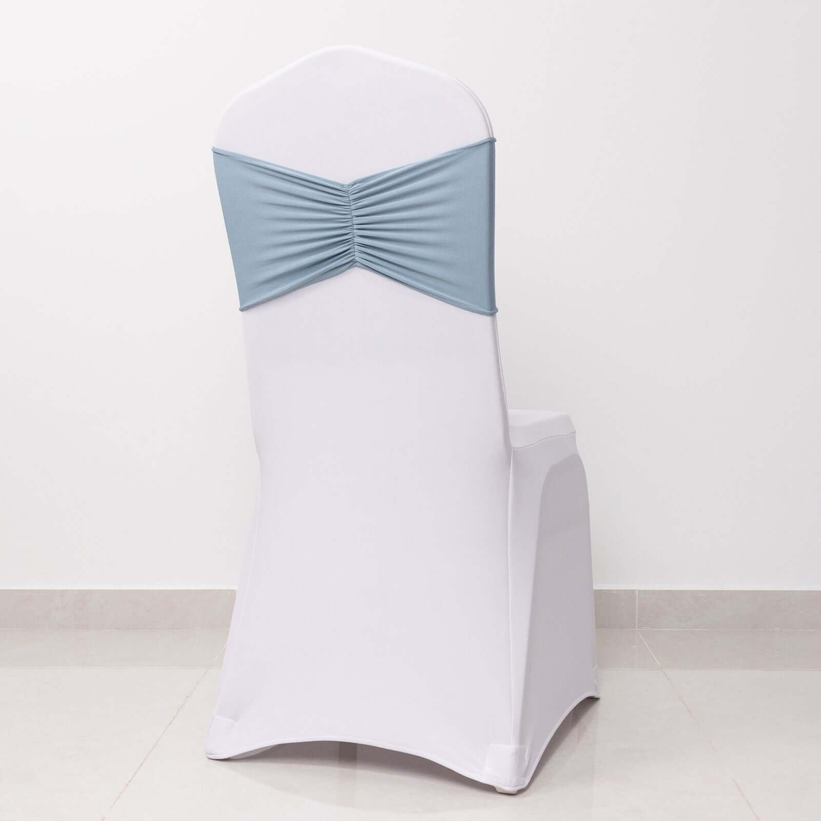 5-Pack Dusty Blue Ruffled Spandex Chair Sashes - Wide & Easy-to-Use Stretch Bands