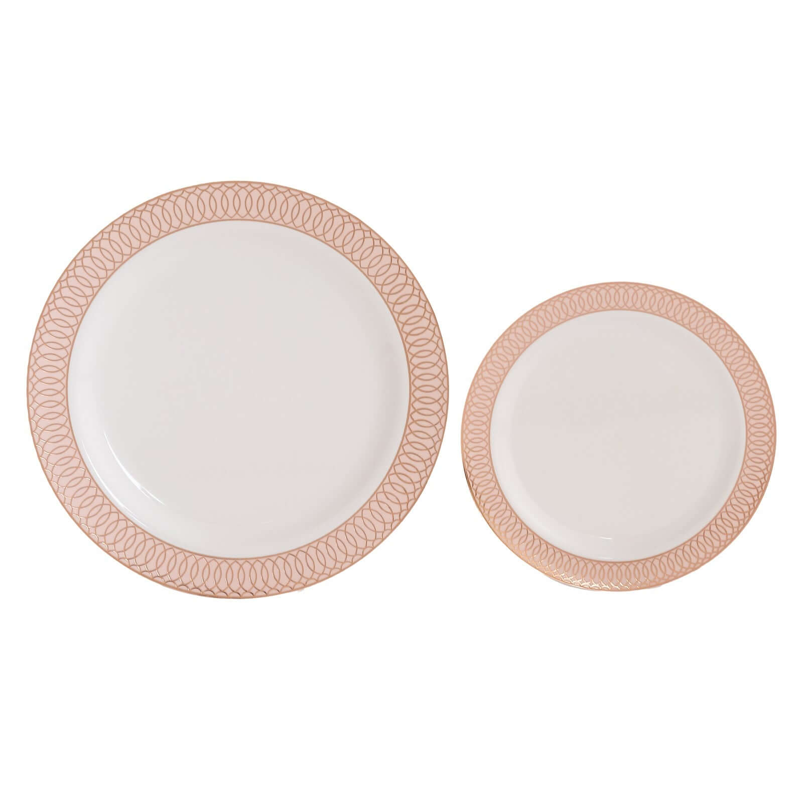 10-Piece Set of White Plastic Round Dinner Plates with Blush Rose Gold Spiral Rim for Parties