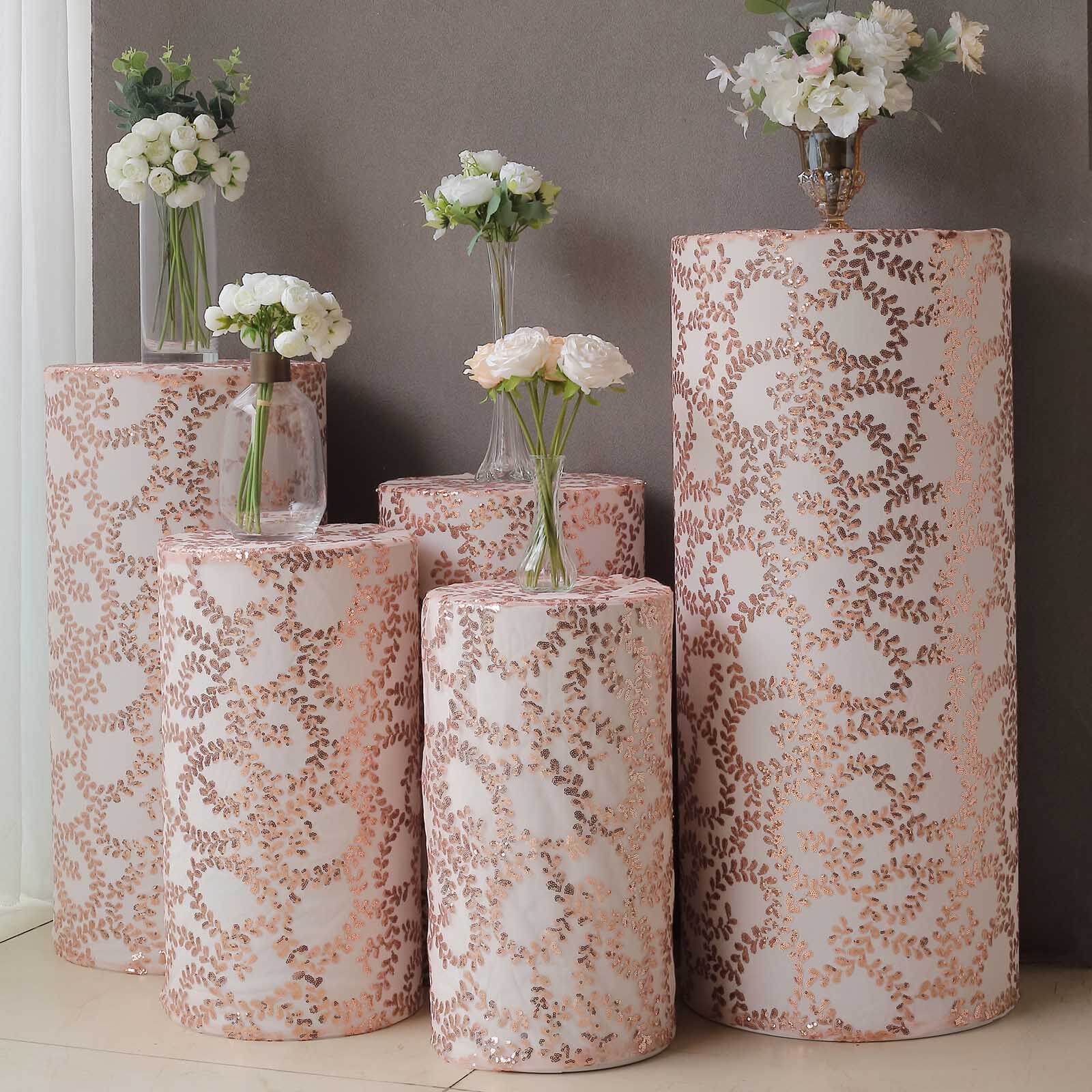 Set of 5 Sparkly Rose Gold Sequin Mesh Cylinder Pedestal Covers with Leaf Vine Design