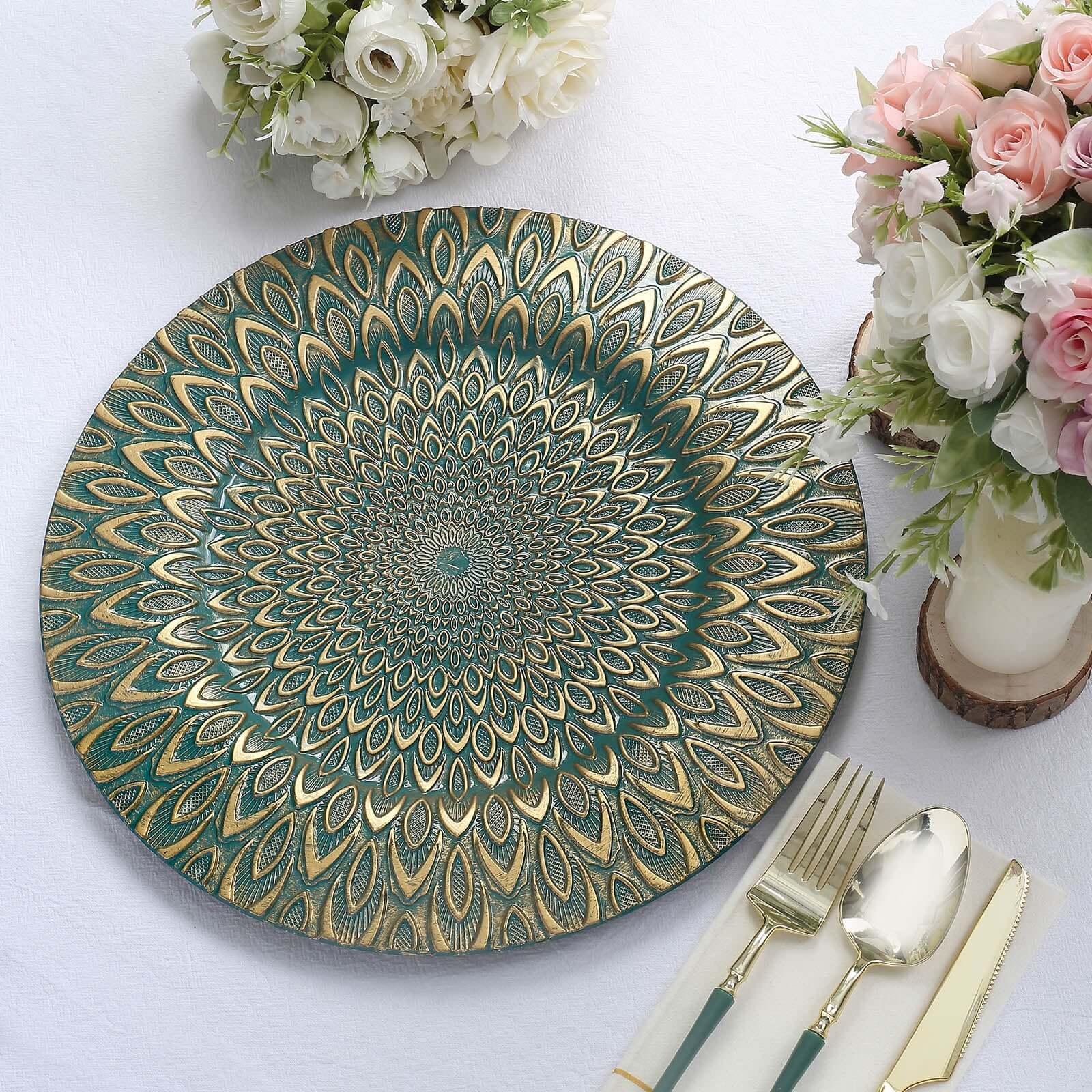 6-Piece Set of 13-Inch Teal Plastic Charger Plates with Gold Embossed Peacock Design