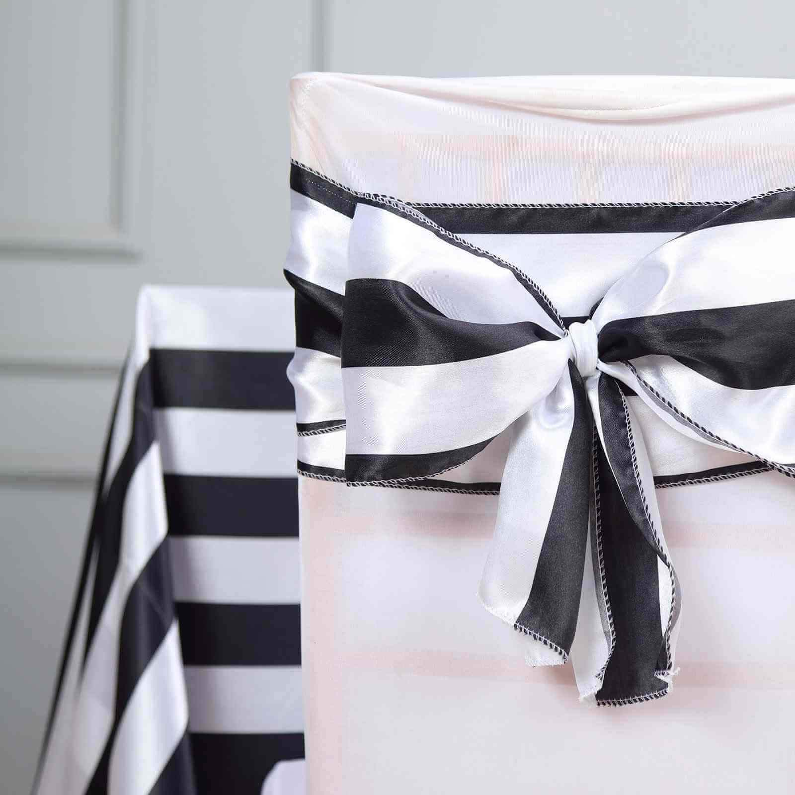 5-Pack Satin Chair Sashes in Black/White Stripes - Ideal Decor for Weddings and Gatherings