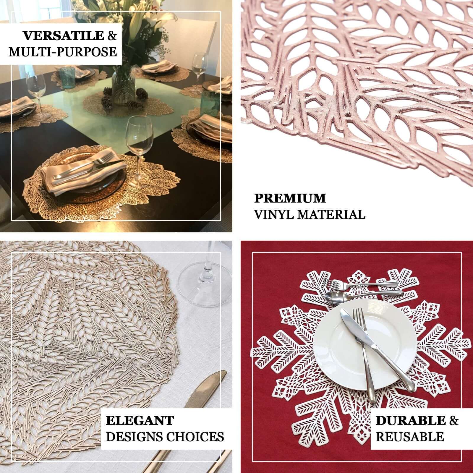 6-Piece Rose Gold Monstera Leaf Design Vinyl Dining Table Mats - Non-Slip for Tropical Decor